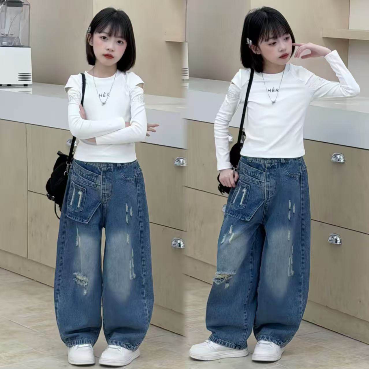 女童亮钻漏肩上衣屁帘牛仔裤2026春秋新款中大童洋气时髦阔腿裤潮