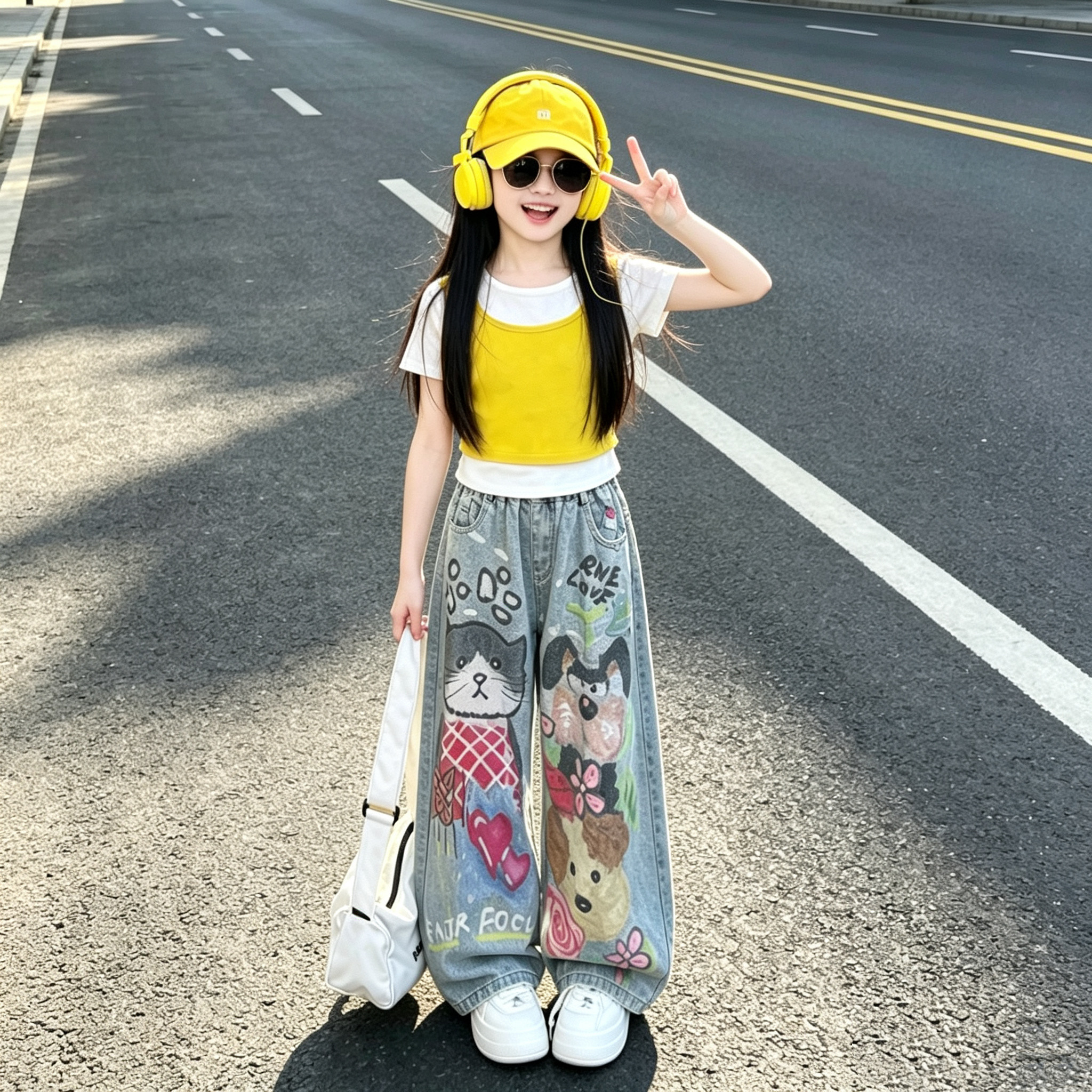 2026女童夏季薄款酷飒风潮流数码印花弯刀裤假两件短袖牛仔裤套装
