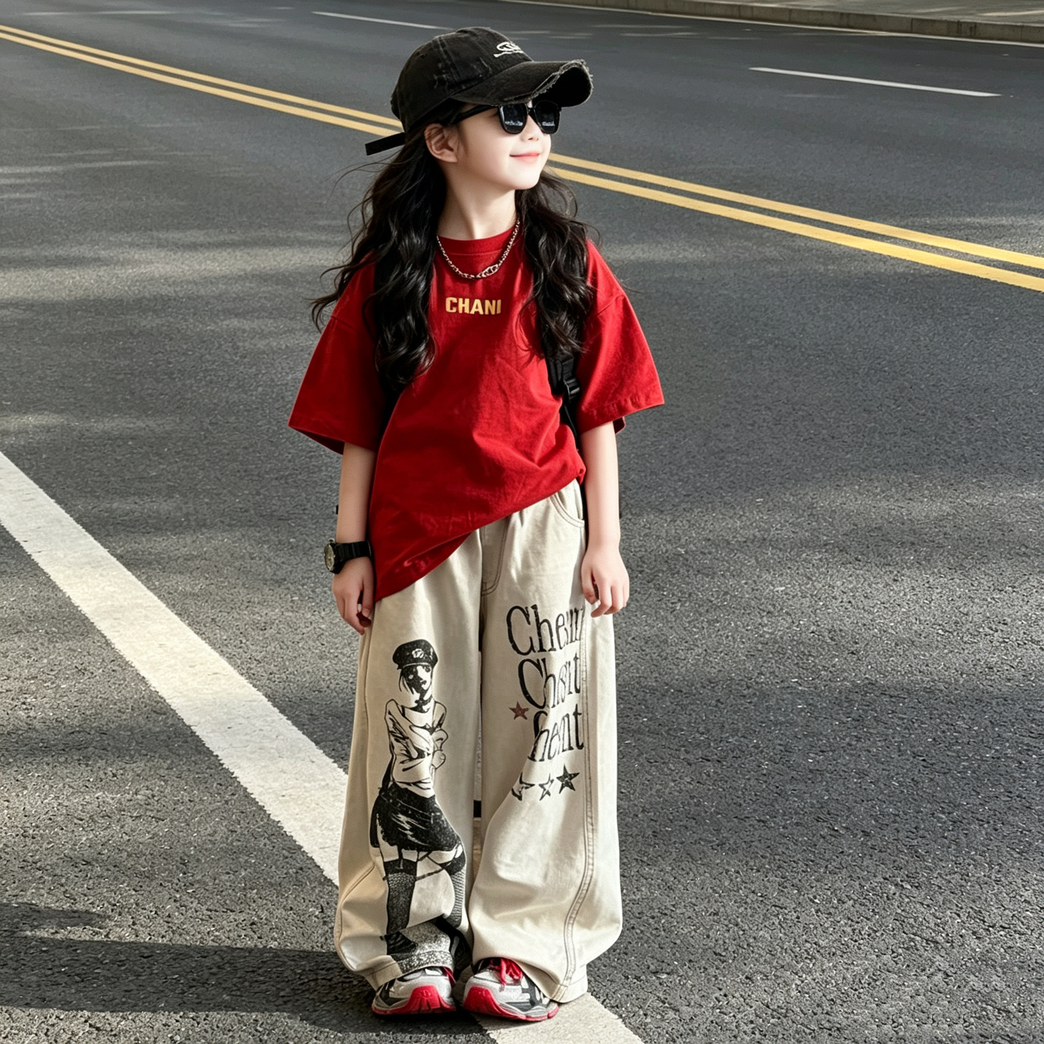 女童美式阔腿裤字母短袖套装