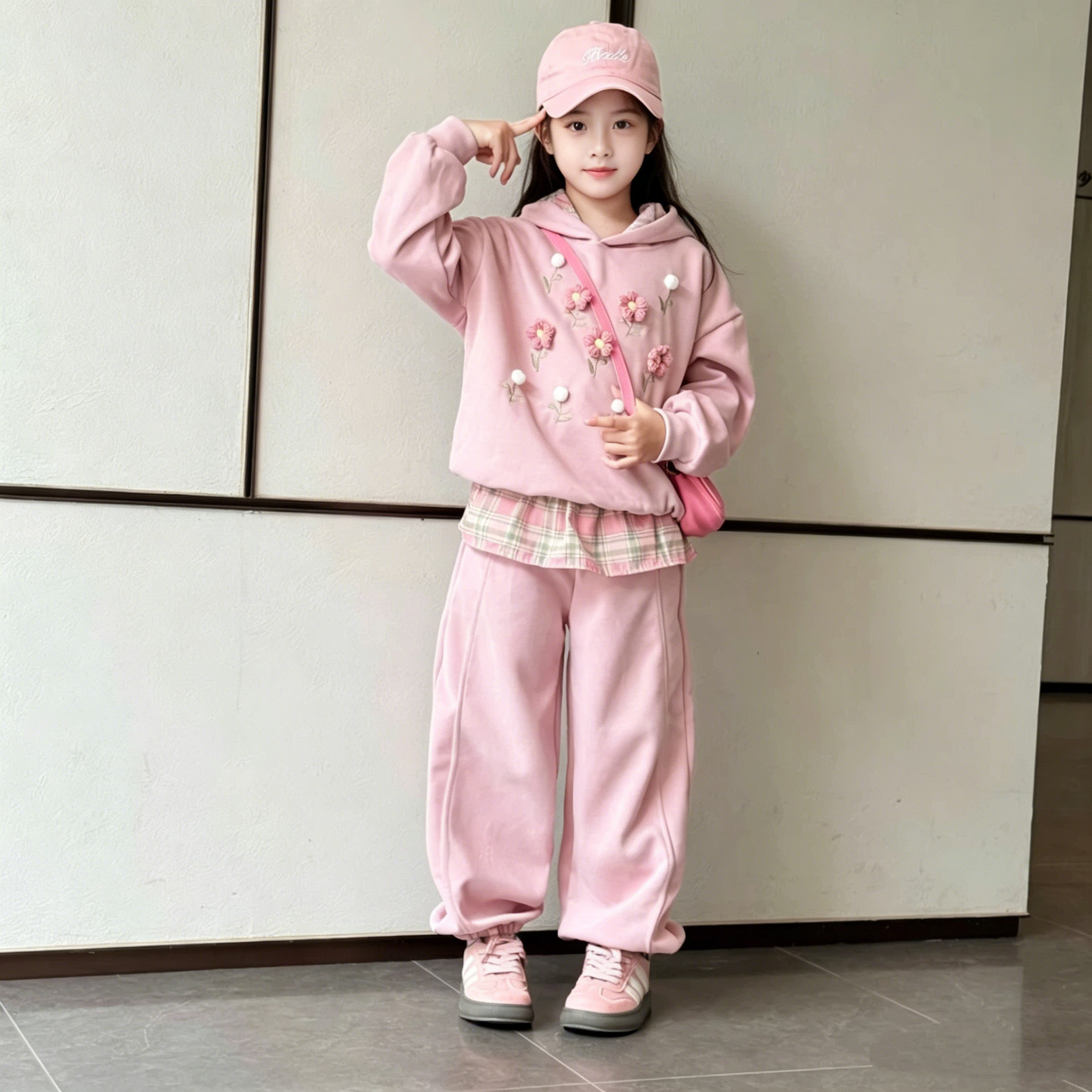 女童花朵连帽卫衣束脚卫裤套装