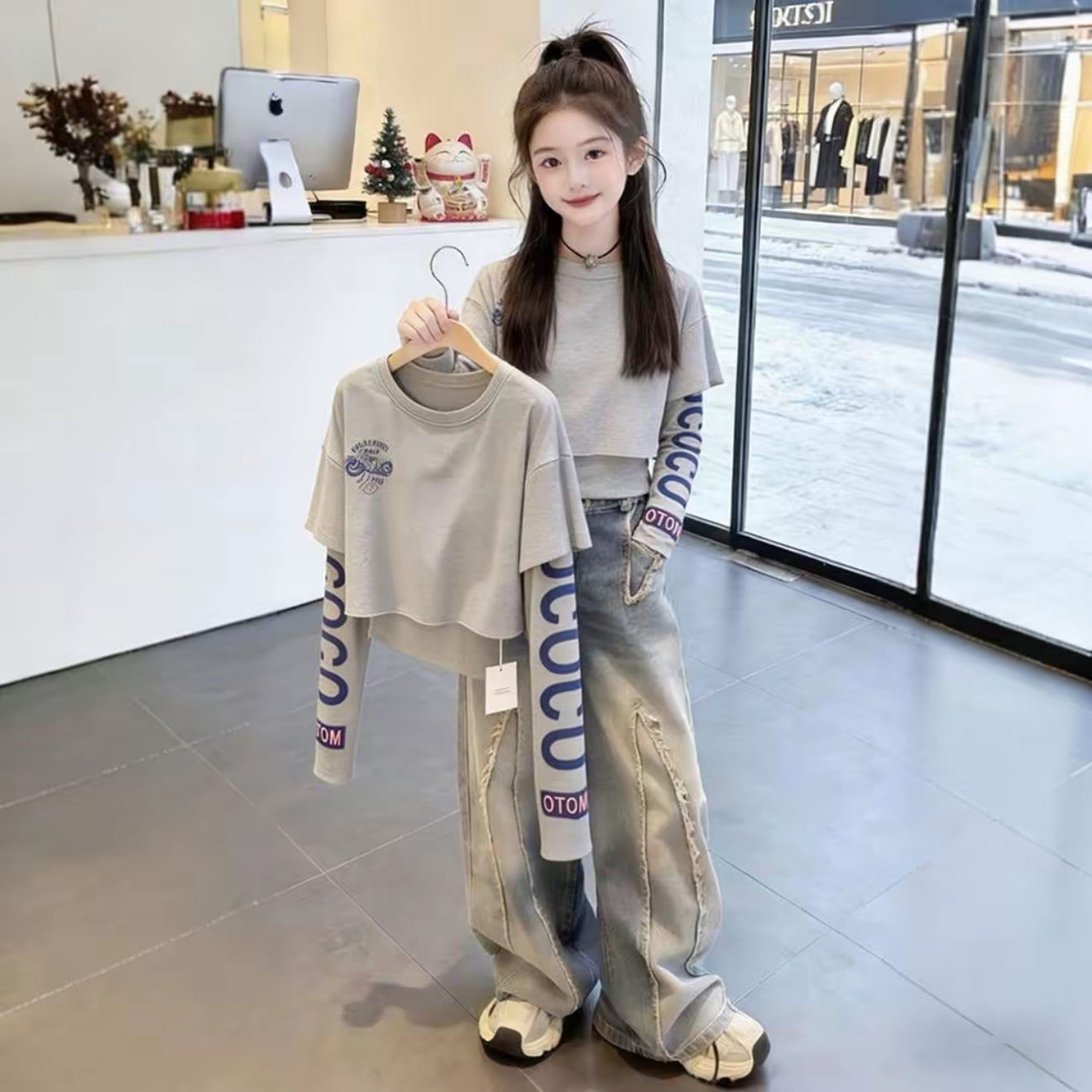 女童春季美式字母印花设计感假两件长袖T恤个性毛边牛仔裤套装潮