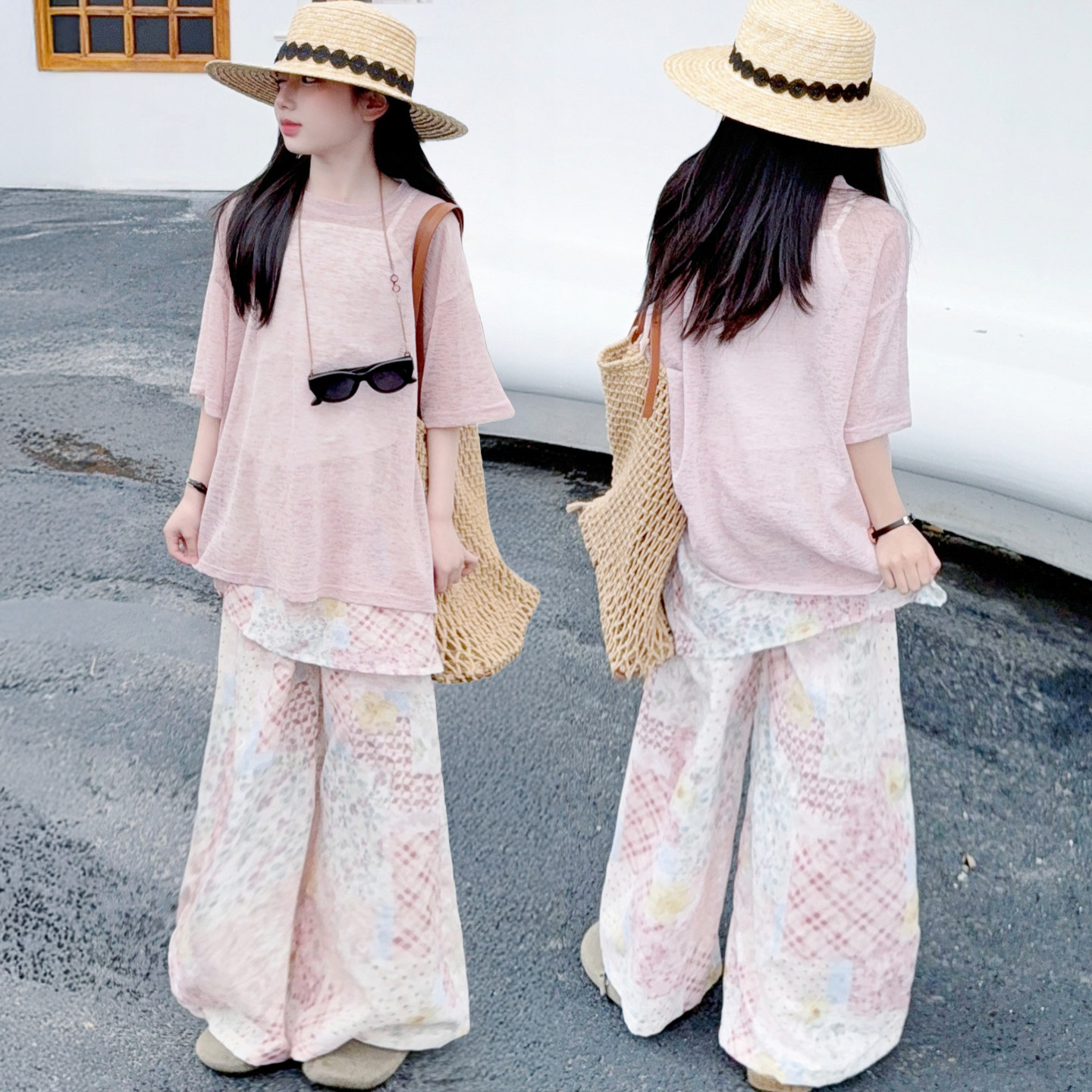 女童防晒短袖屁帘碎花阔腿裤套装