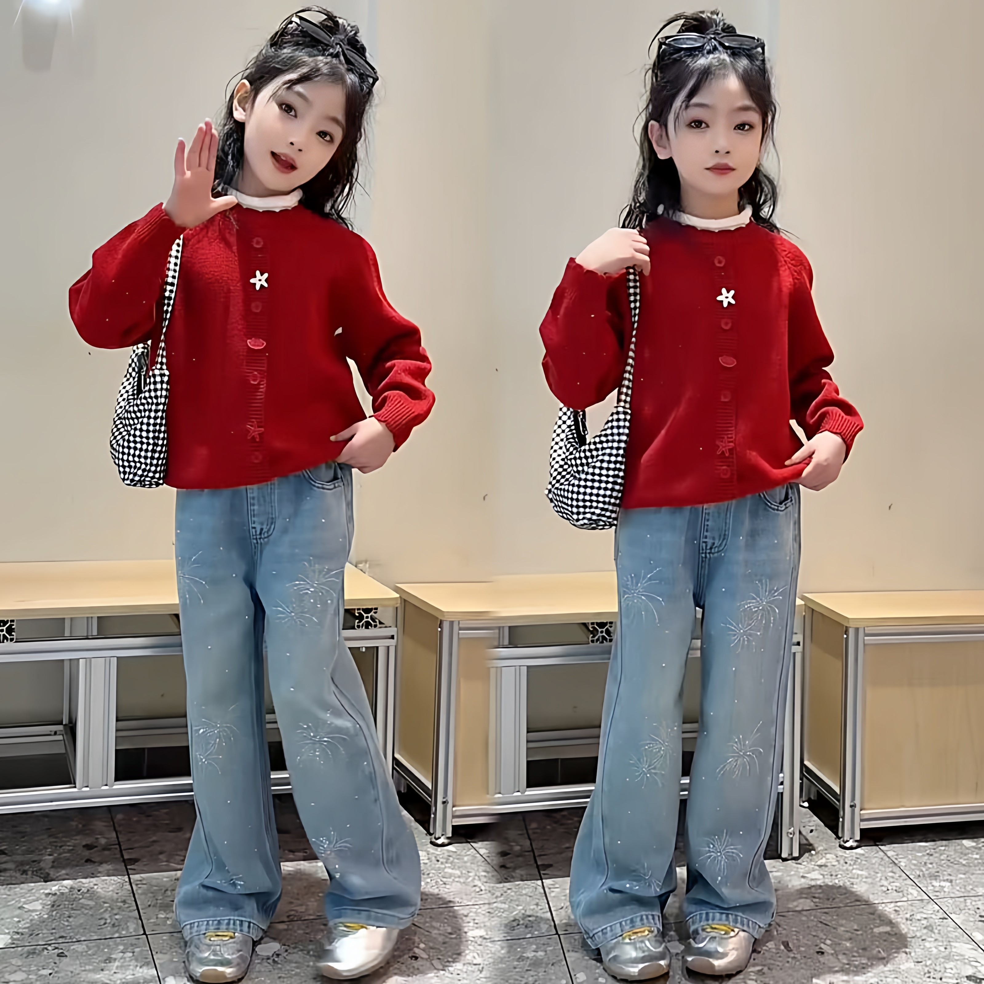 女童新年氛围感红色本命年毛衣超好看爆闪烟花烫钻牛仔阔腿裤套装