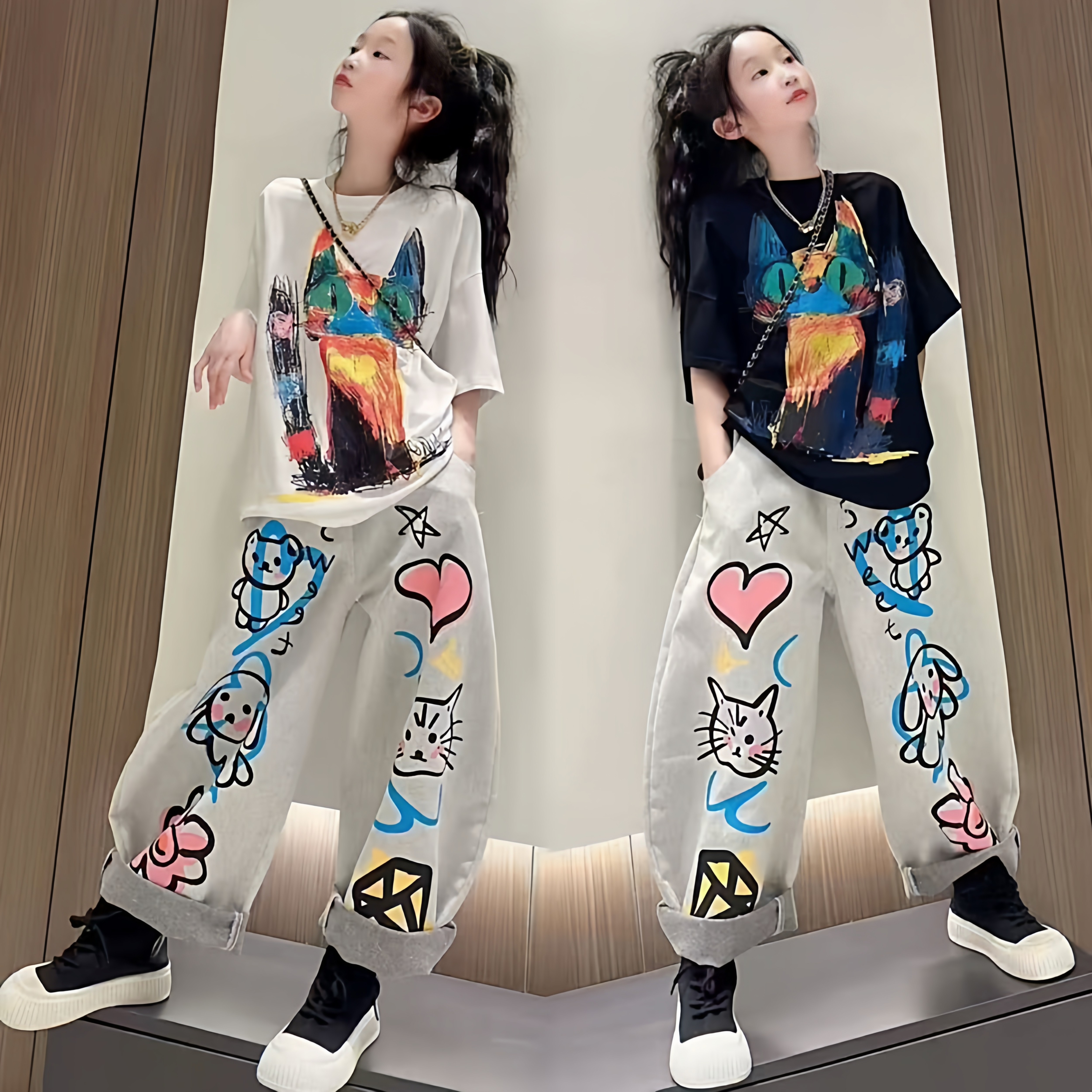 女童美式超好看卡通宽松短袖个性涂鸦薄款牛仔弯刀裤夏季酷飒套装