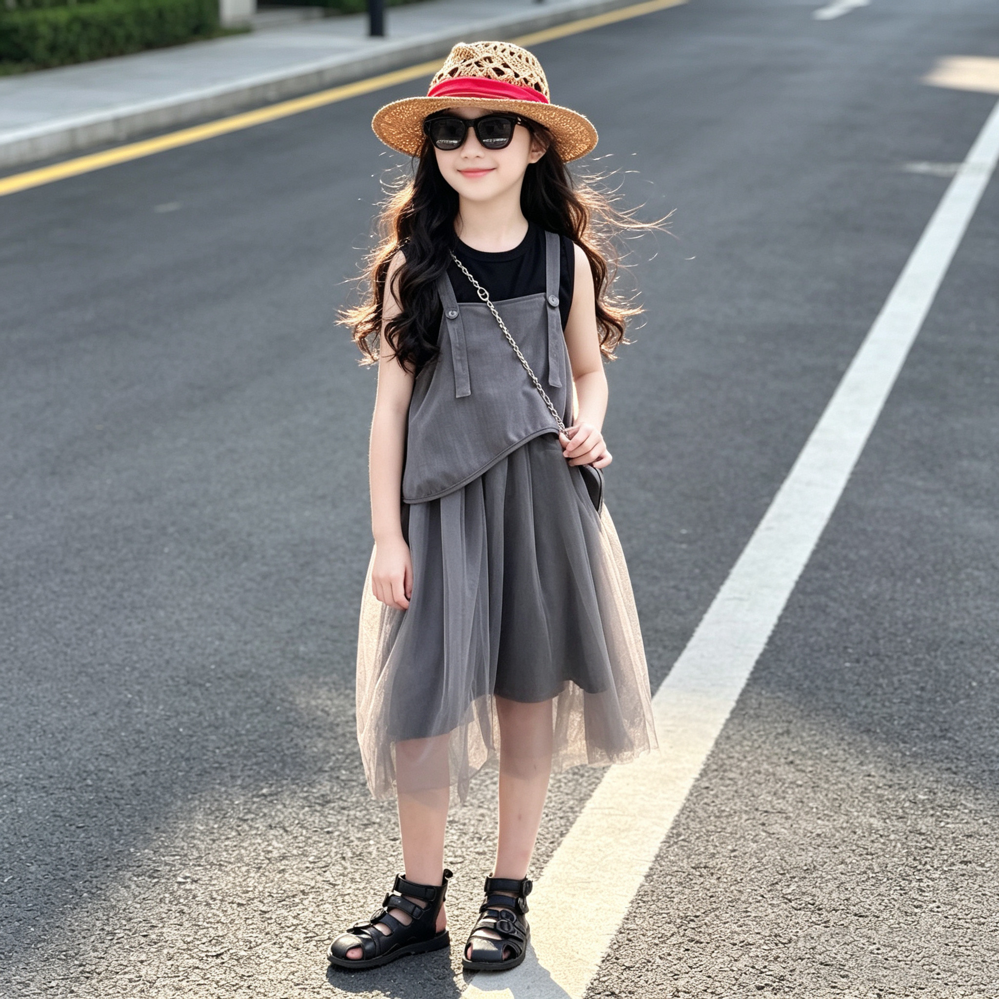 女童网纱拼接背带裙无袖背心套装
