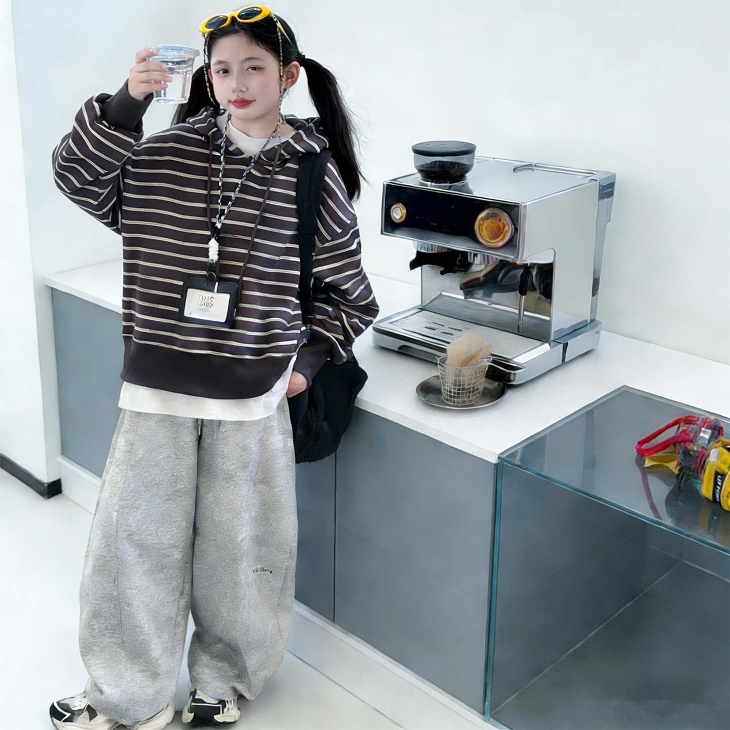 女童韩系慵懒风百搭条纹连帽卫衣休闲卫裤春秋新款初中生时尚套装