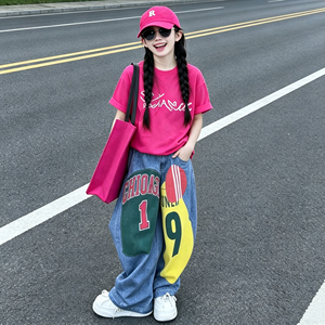 女童字母短袖美式牛仔裤套装