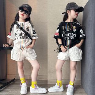 女童夏季潮酷美式休闲彩条字母短袖工装辣妹短裤运动炸街套装韩版