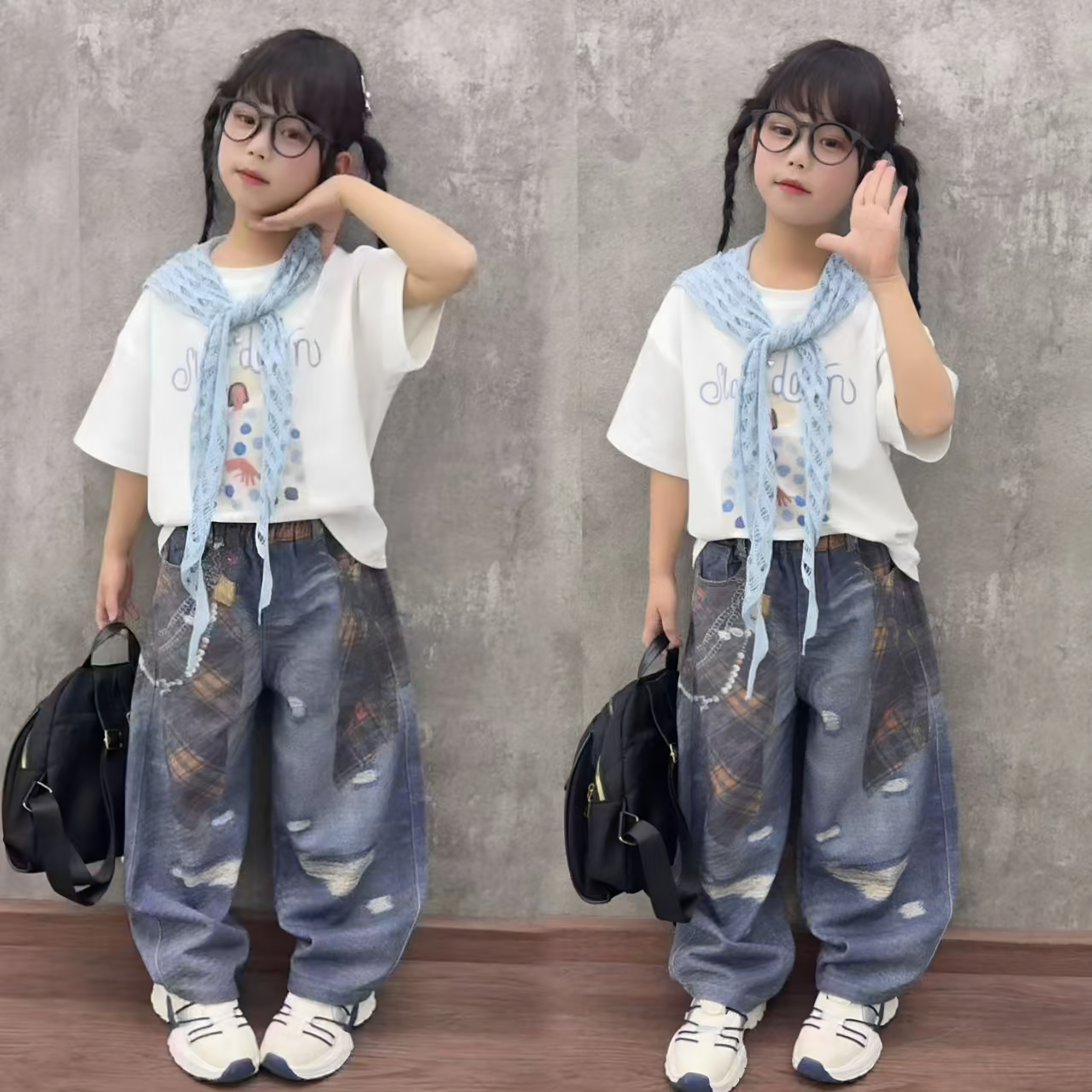 女童学院风短袖个性牛仔裤套装