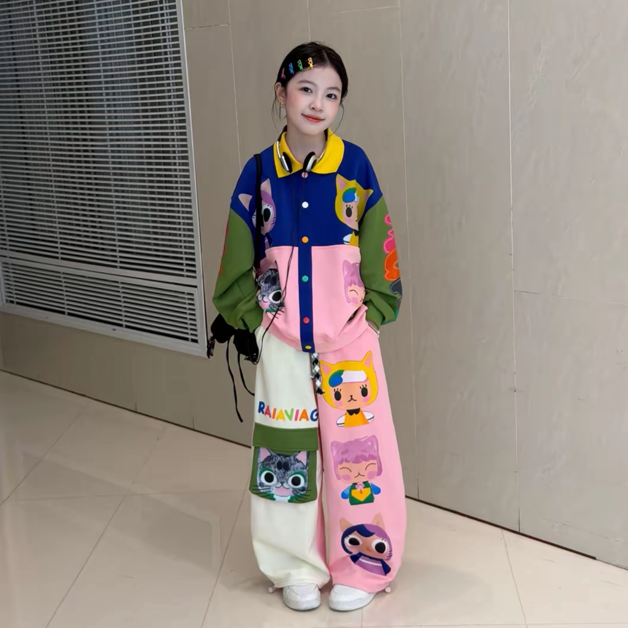 女童卡通撞色裤子棒球服拼色套装