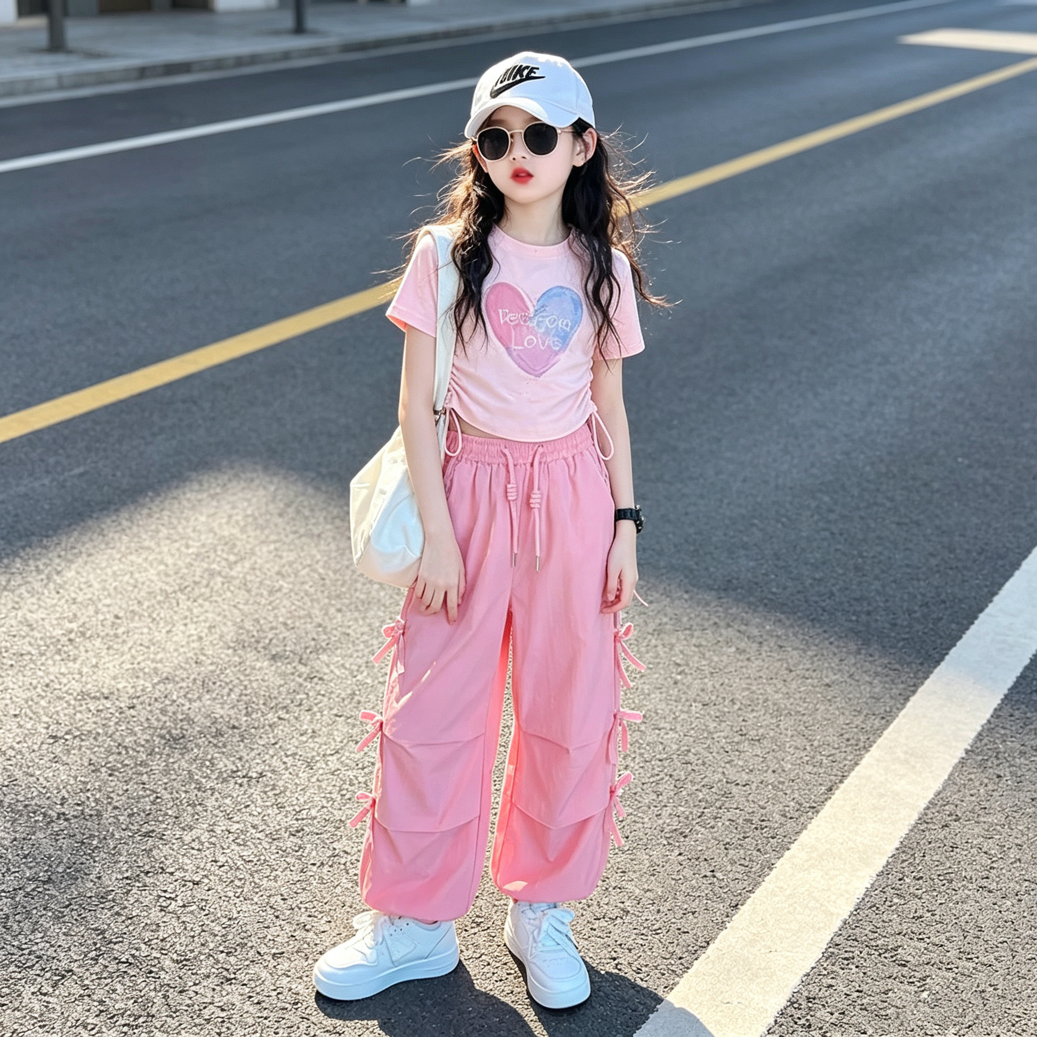 女童抽绳短袖蝴蝶结工装裤套装