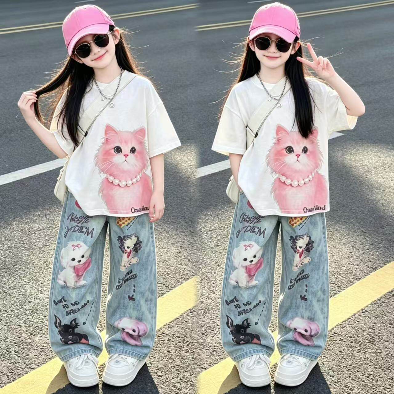 女童短袖美式动物涂鸦直筒裤套装