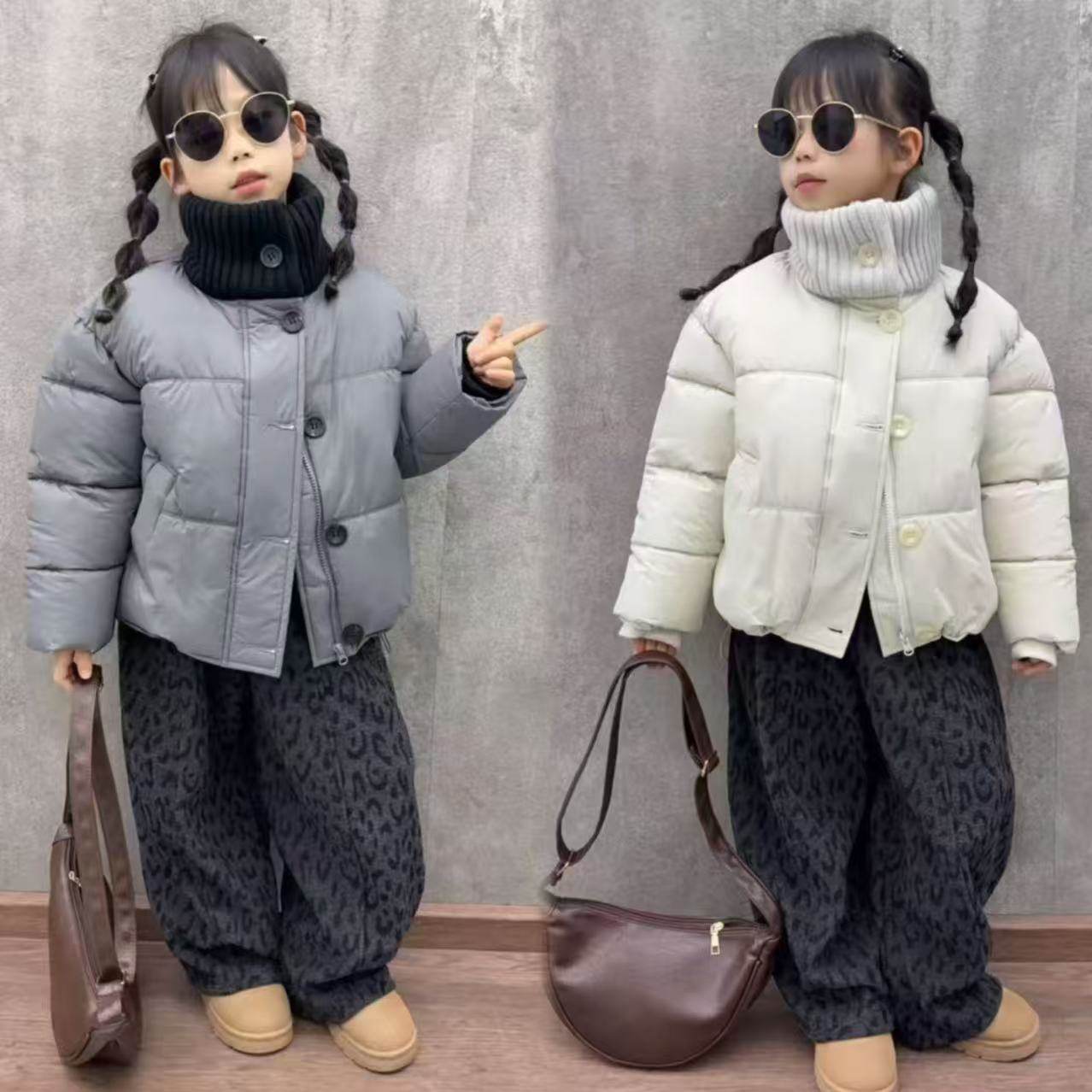 女童设计感针织立领短款羽绒棉外套美式复古一体绒豹纹裤炸街套装