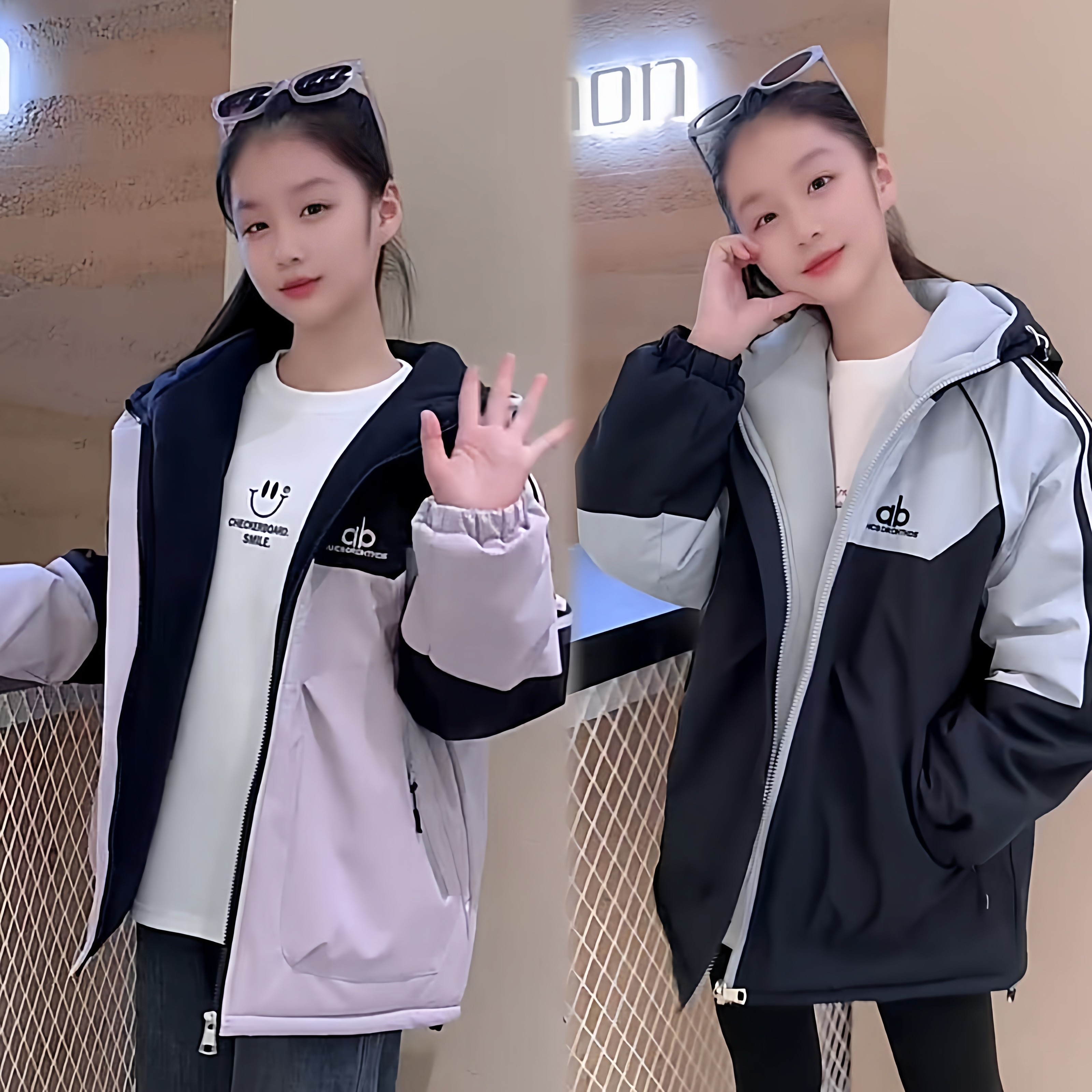 女童加绒冲锋衣冬季新款初中生设计感撞色保暖防风户外连帽外套潮