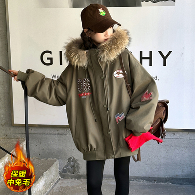 女童美式复古连帽毛领派克棉服