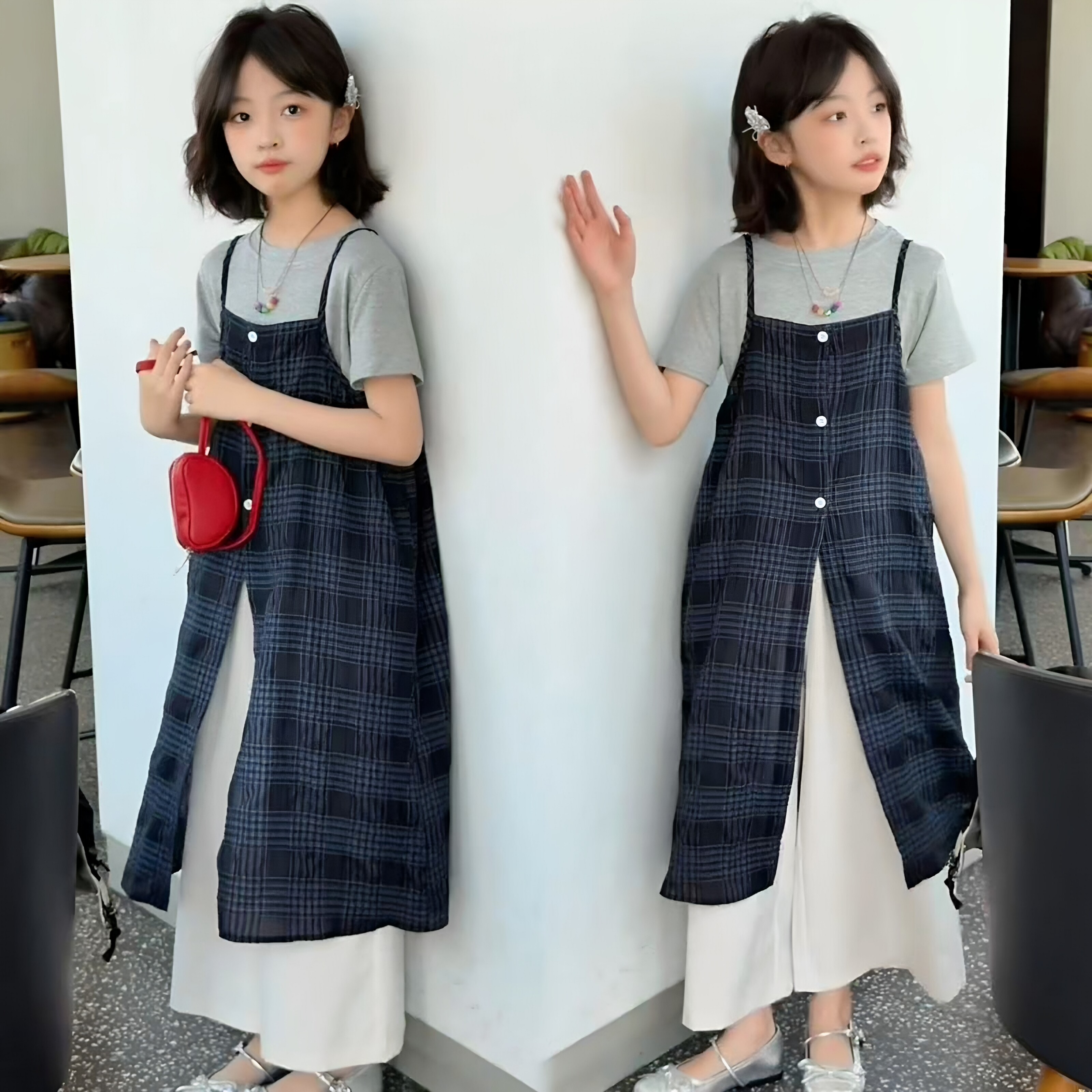 女童格纹吊带连衣裙阔腿裤三件套