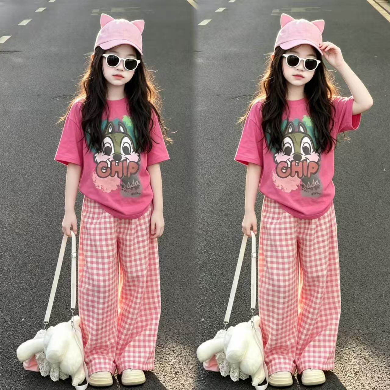 韩系女童夏季套装卡通印花短袖格子阔腿裤初中生多巴胺休闲穿搭潮