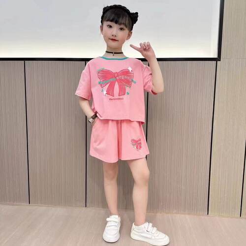 女童蝴蝶结印花短袖短裤两件套