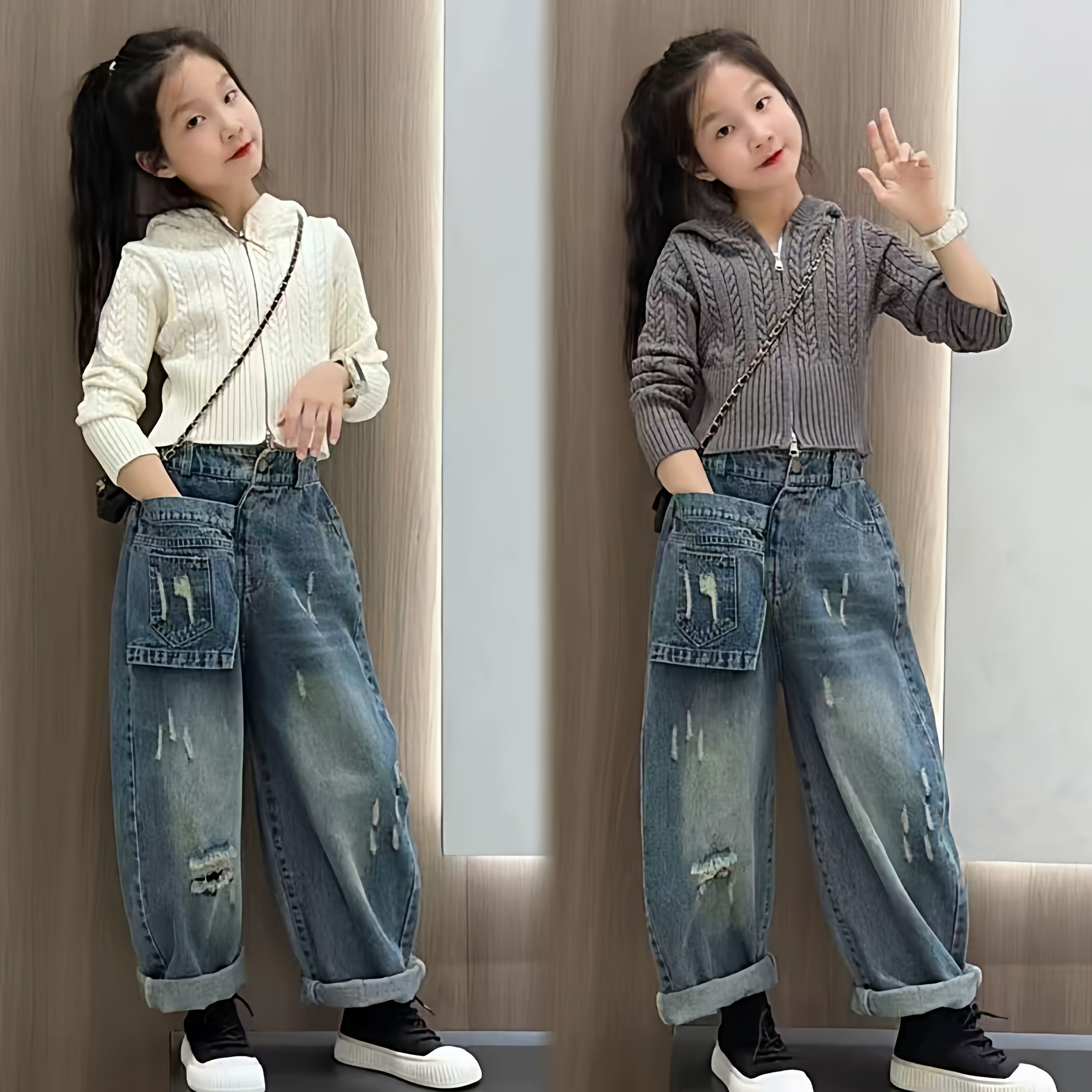 女童韩系复古麻花短款拉链帽衫设计感个性不规则破洞牛仔裤套装潮