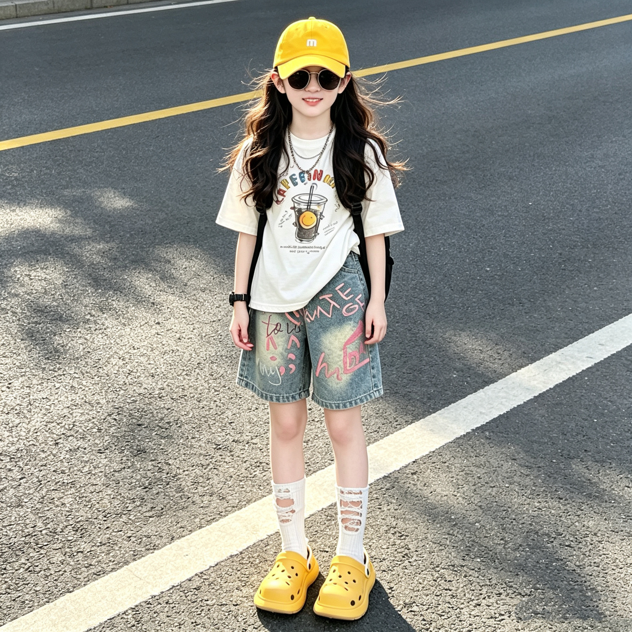 女童宽松短袖彩绘涂鸦五分裤套装