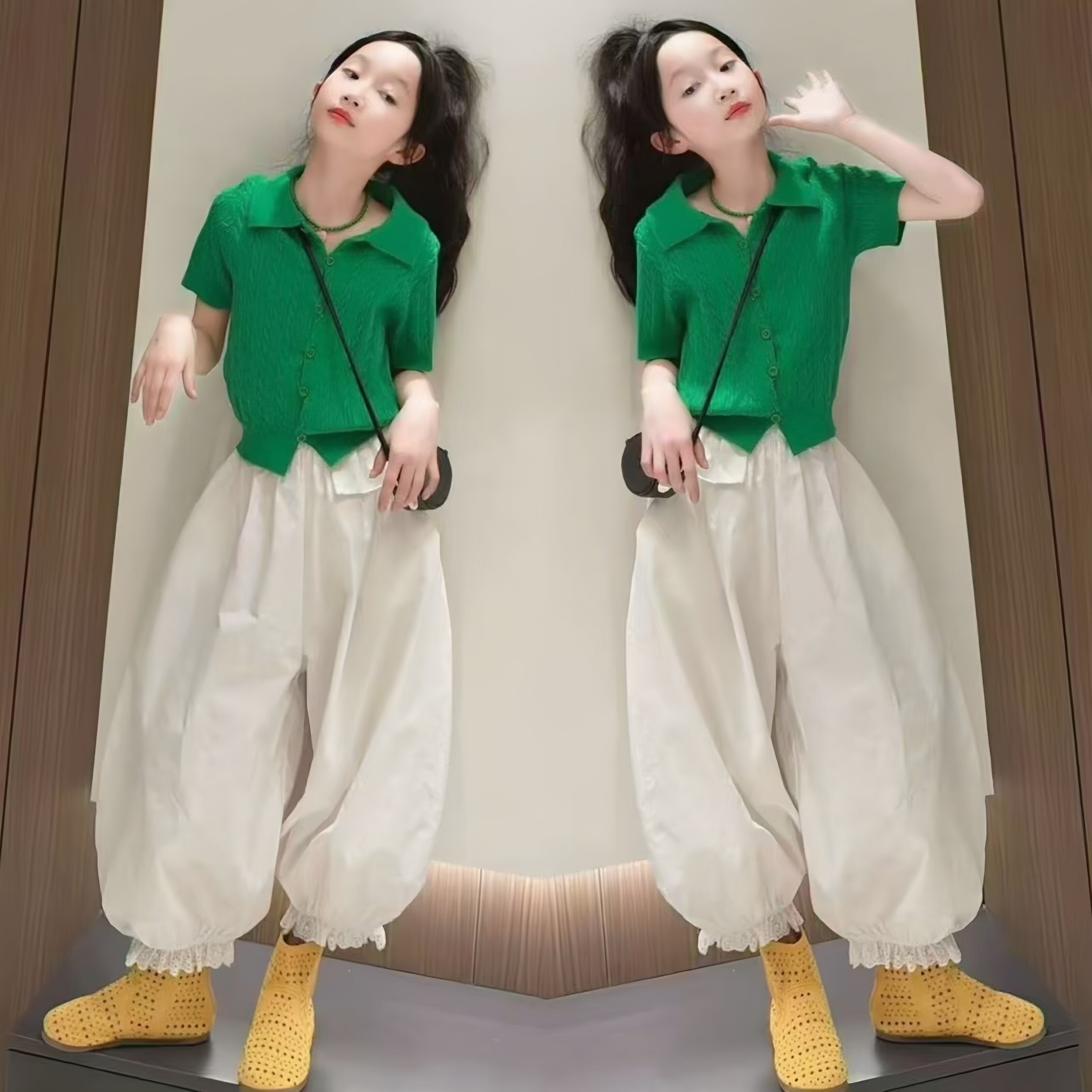 女童韩系POLO针织短袖花边裤套装