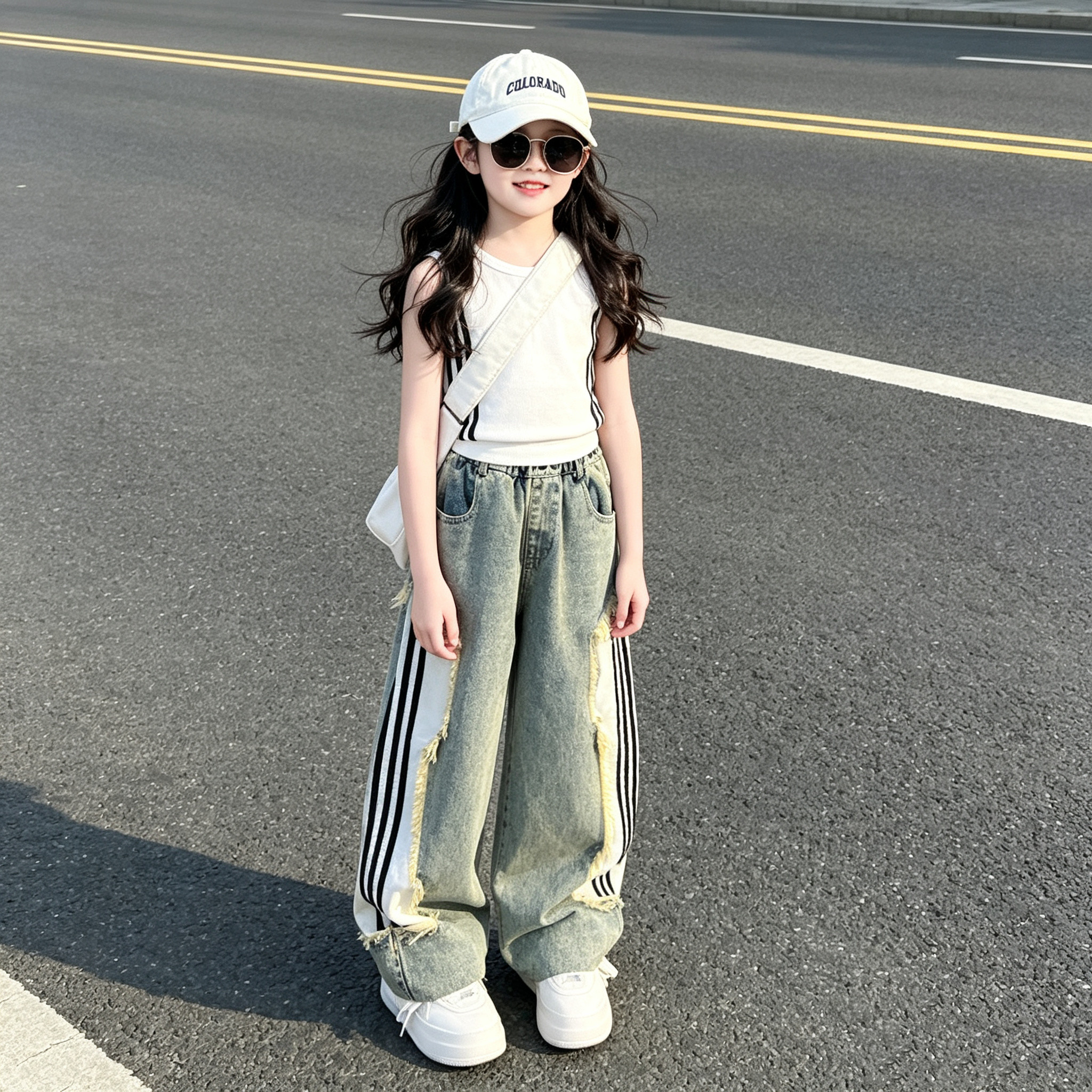 女童拉条背心毛边牛仔阔腿裤潮