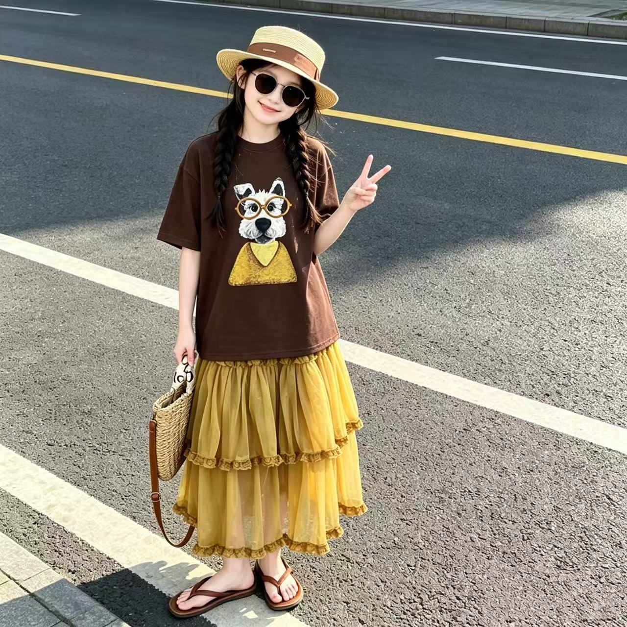女童美拉德色卡通短袖裙子套装
