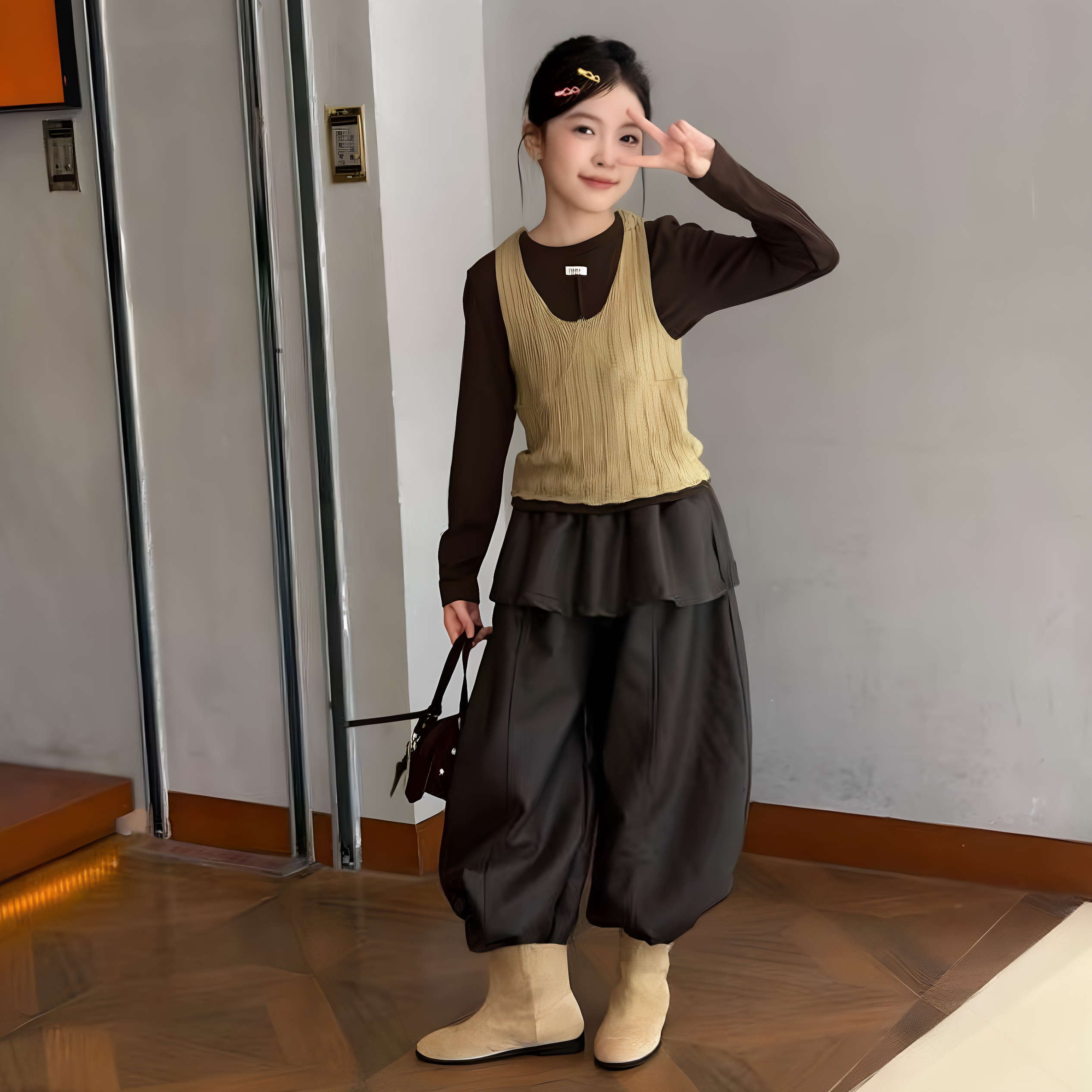 女童针织背心打底衫皮裤三件套