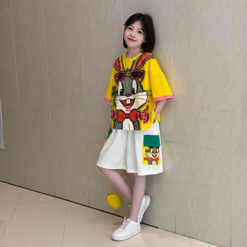 女童兔子短袖短工装裤套装