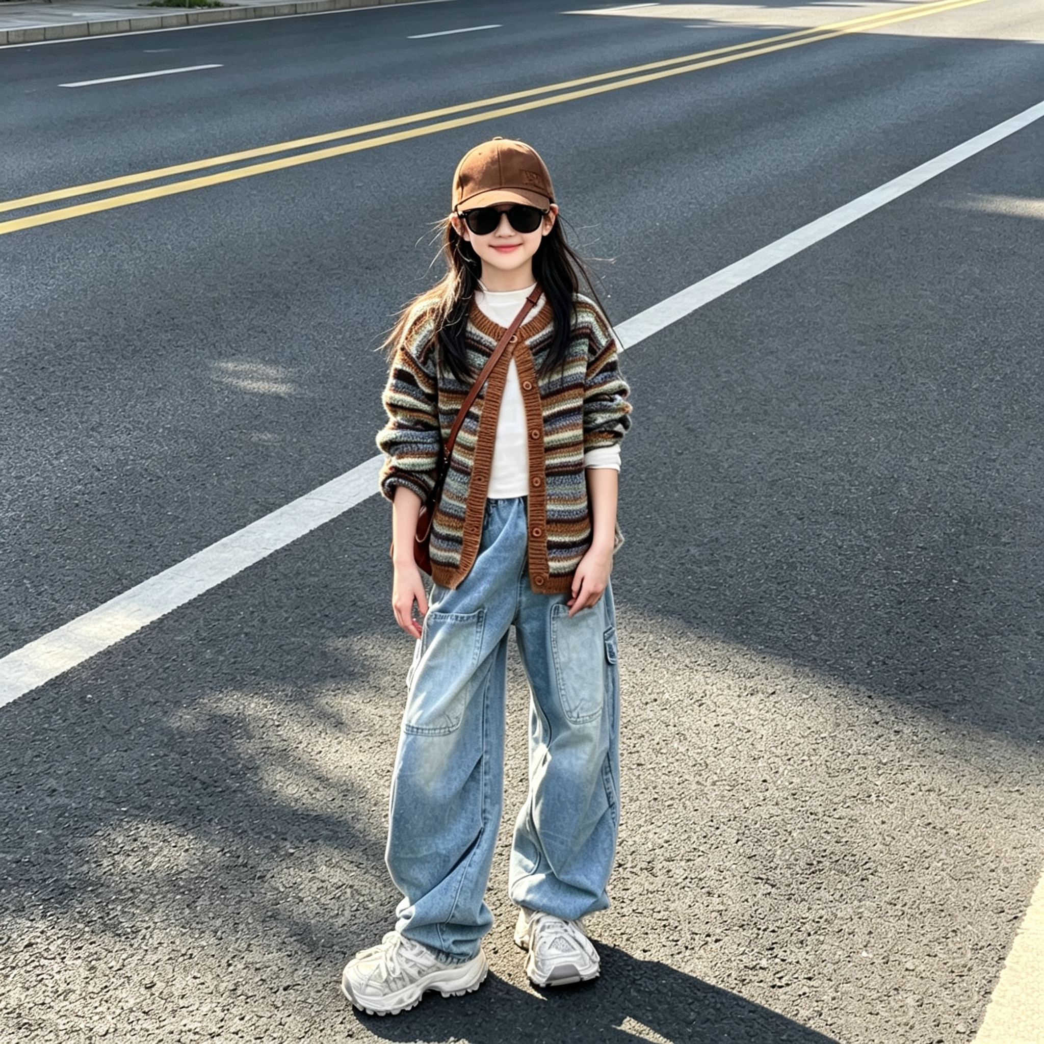 女童条纹针织开衫毛衣牛仔裤套装