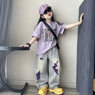 女童夏百搭涂鸦宽松短袖T恤休闲潮酷彩色破洞牛仔阔腿裤炸街套装
