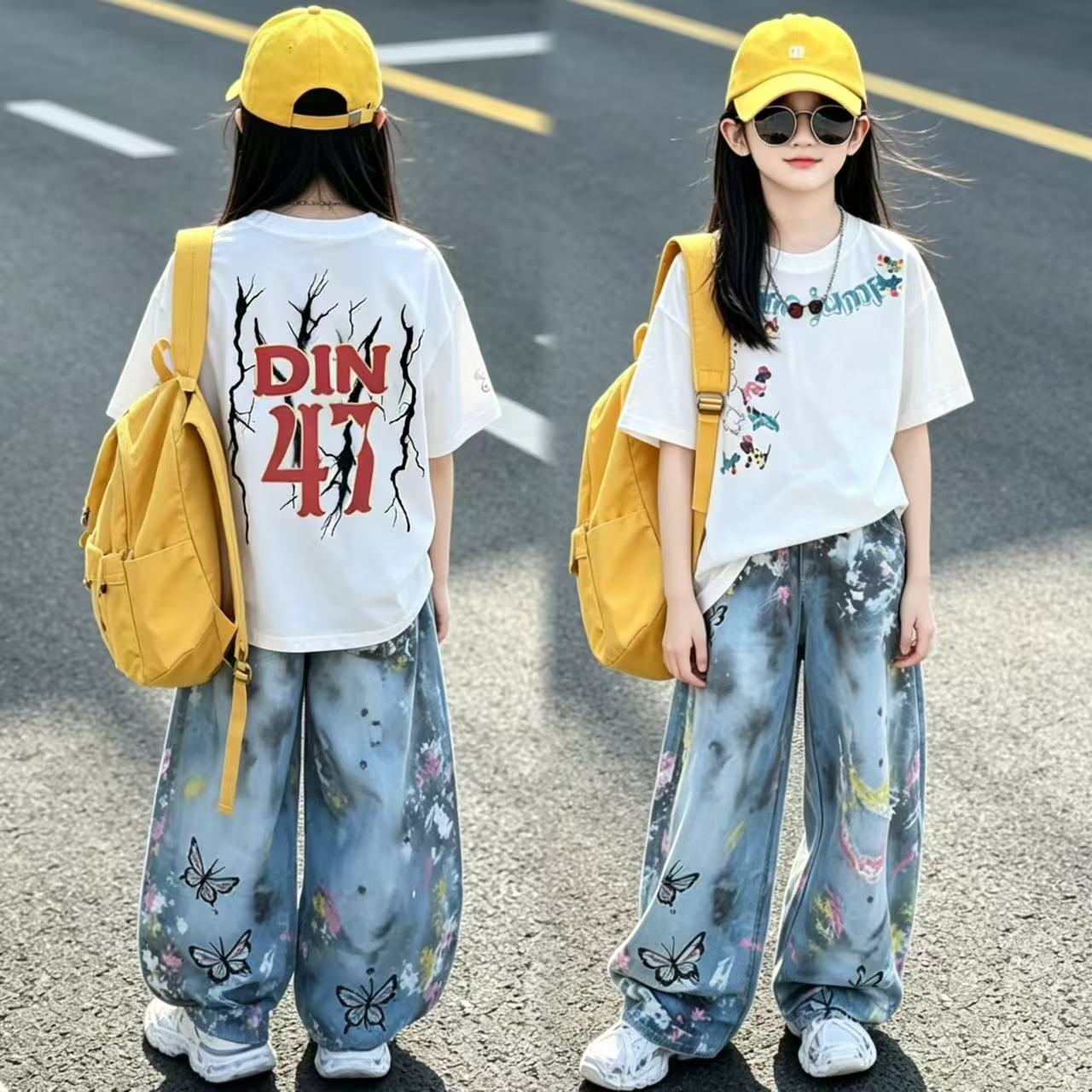 女童破洞复古弯刀裤卡通短袖套装