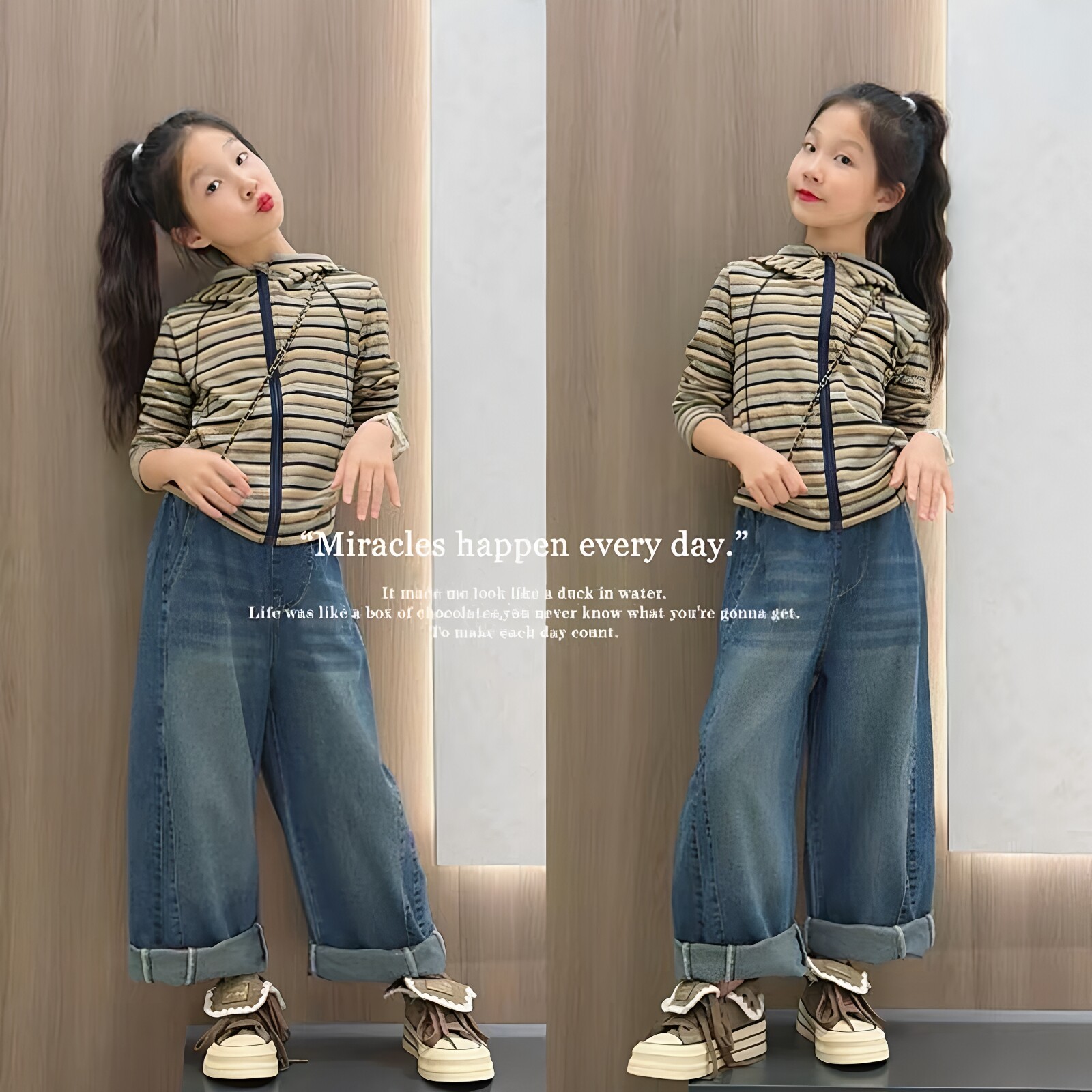 女童条纹连帽拉链长袖弯刀裤套装