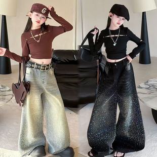 甜酷女童设计感辣妹镂空修身上衣满钻爆闪牛仔阔腿裤爵士舞套装潮