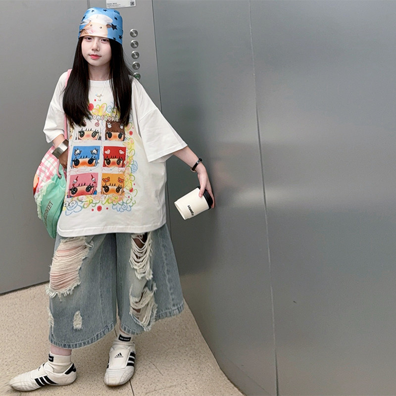 女童多巴胺卡通短袖牛仔中裤套装