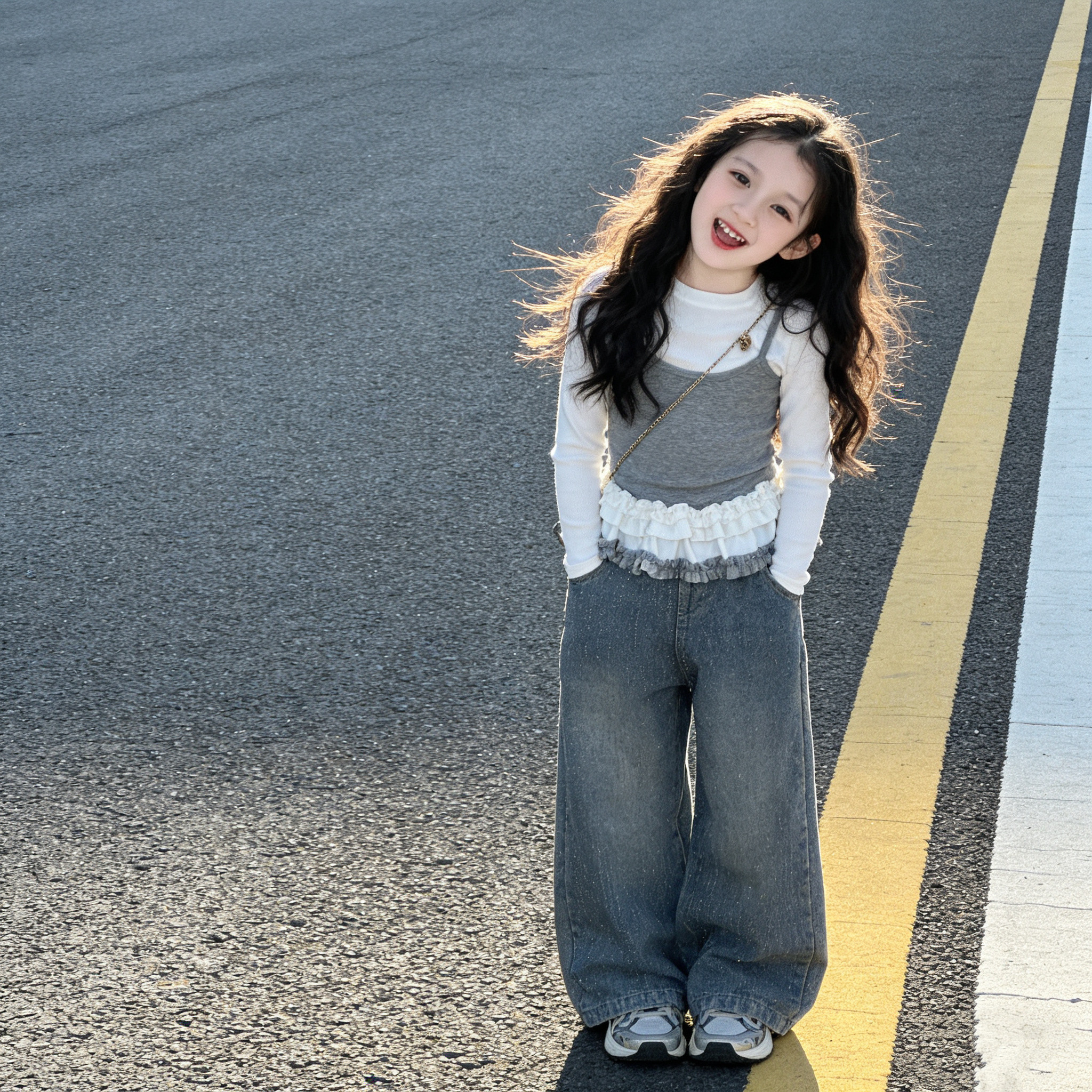 女童芭蕾风打底衫烫钻阔腿裤套装