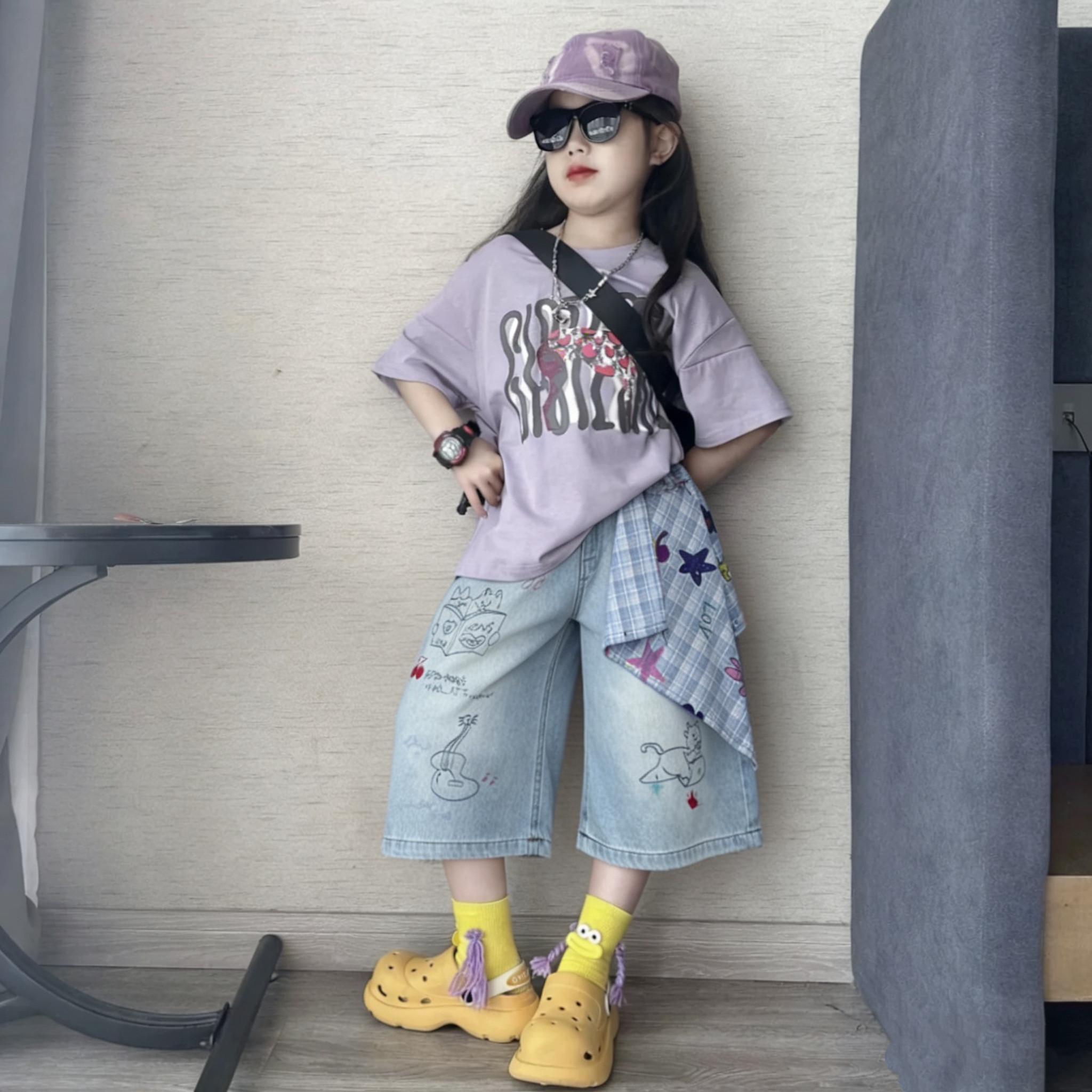 夏季女童韩版宽松字母涂鸦百搭短袖薄款个性休闲牛仔七分裤套装潮