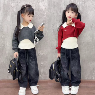 女童设计感新年红色叠穿两件POLO领毛衣洋气满天星闪钻牛仔裤套装