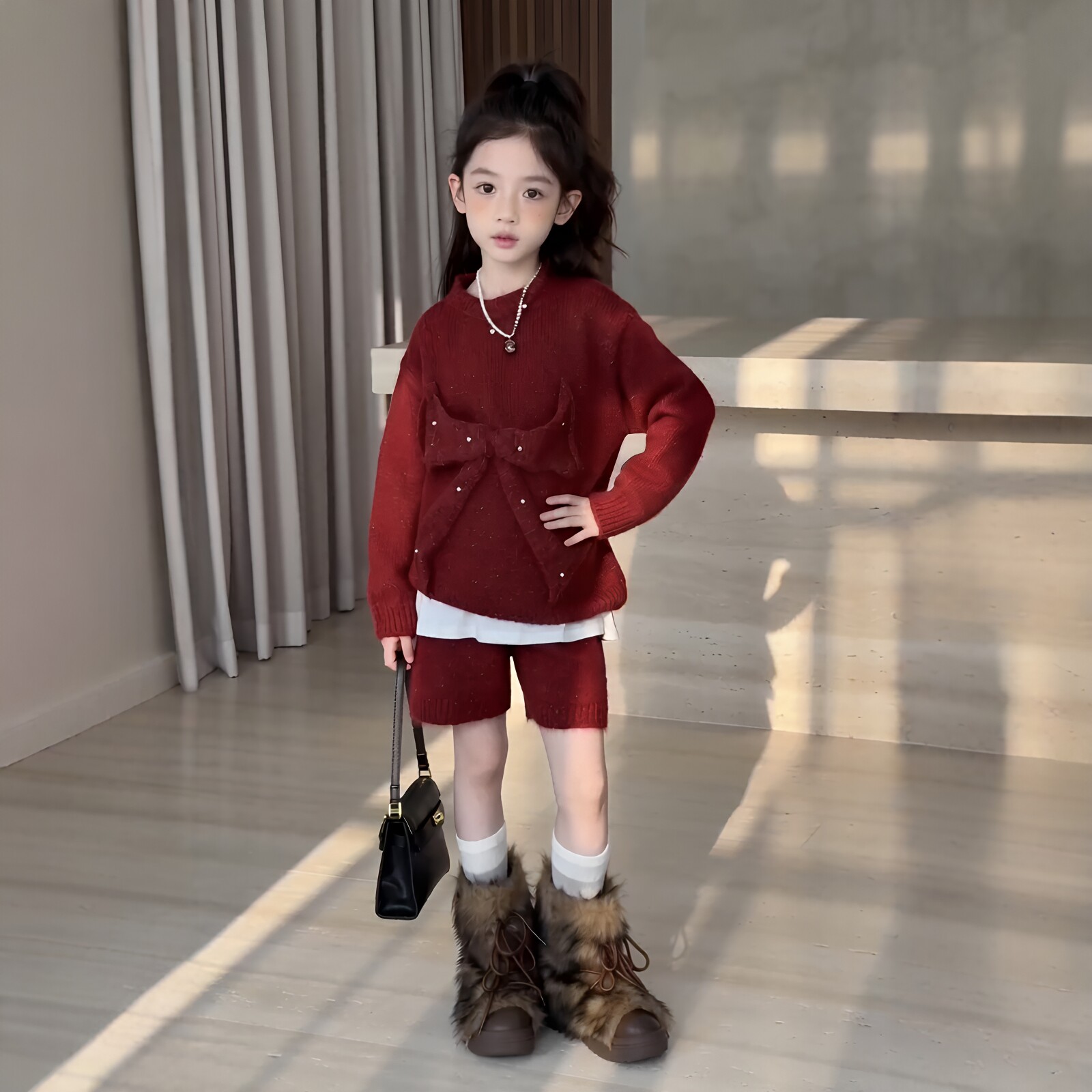 女童小香风针织衫短裤韩版两件套