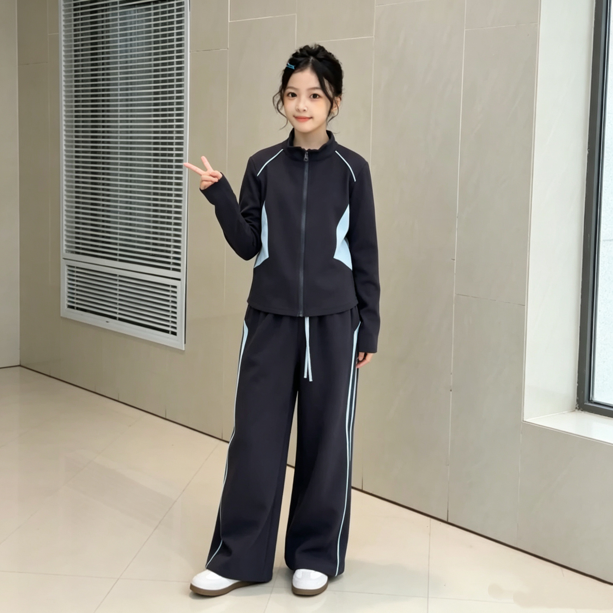 女童立领外套阔腿裤时髦套装