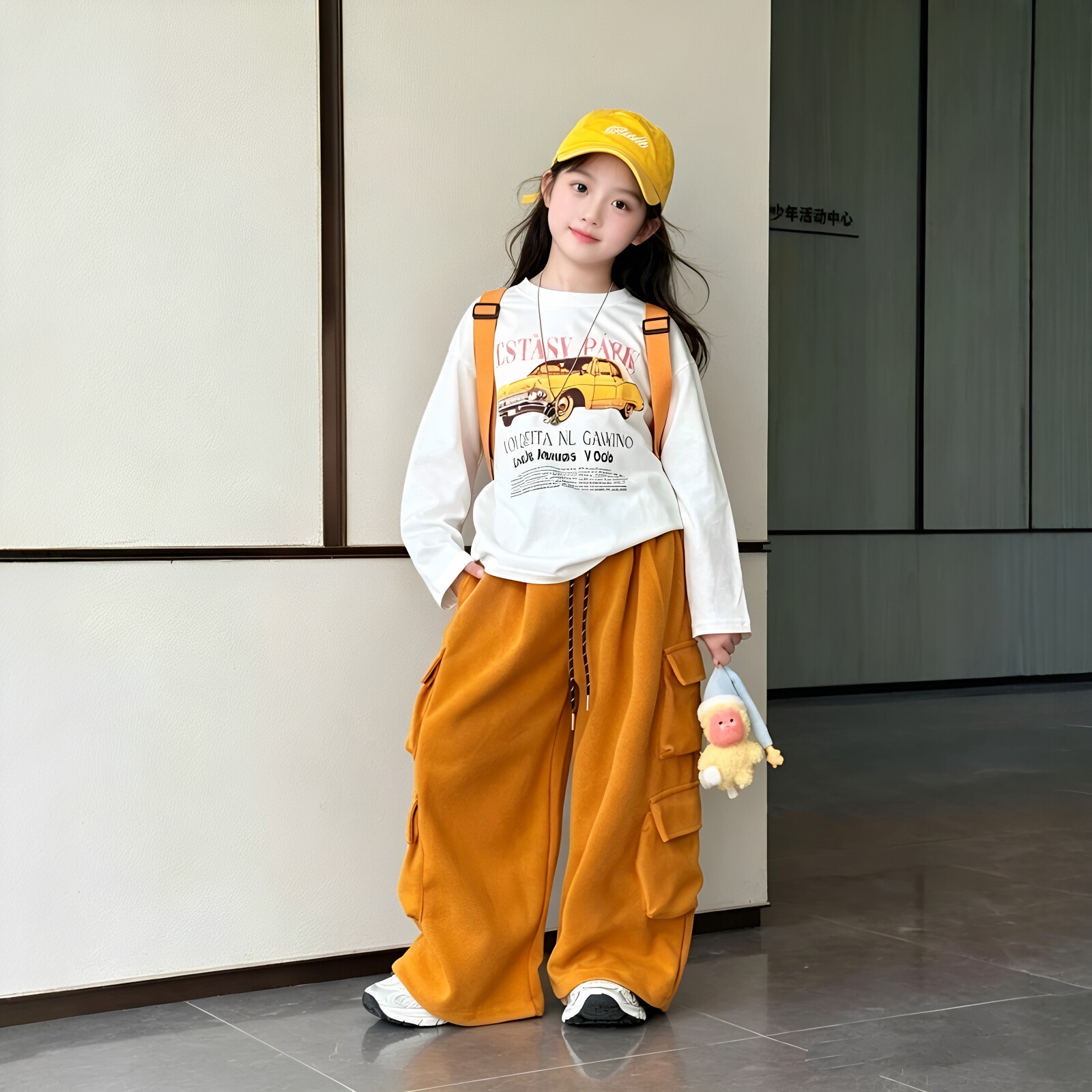 女童复古印花长袖上衣工装裤套装
