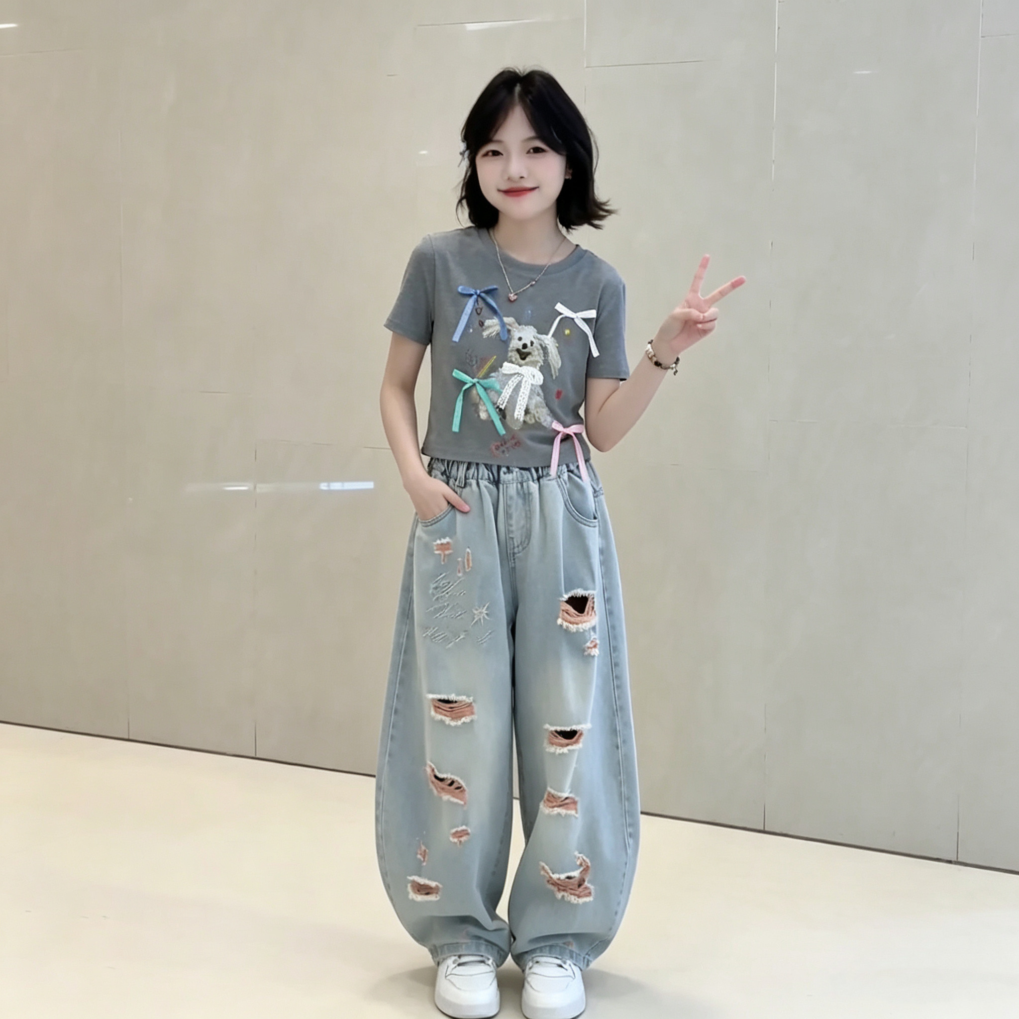 女童卡通蝴蝶结T恤牛仔裤套装