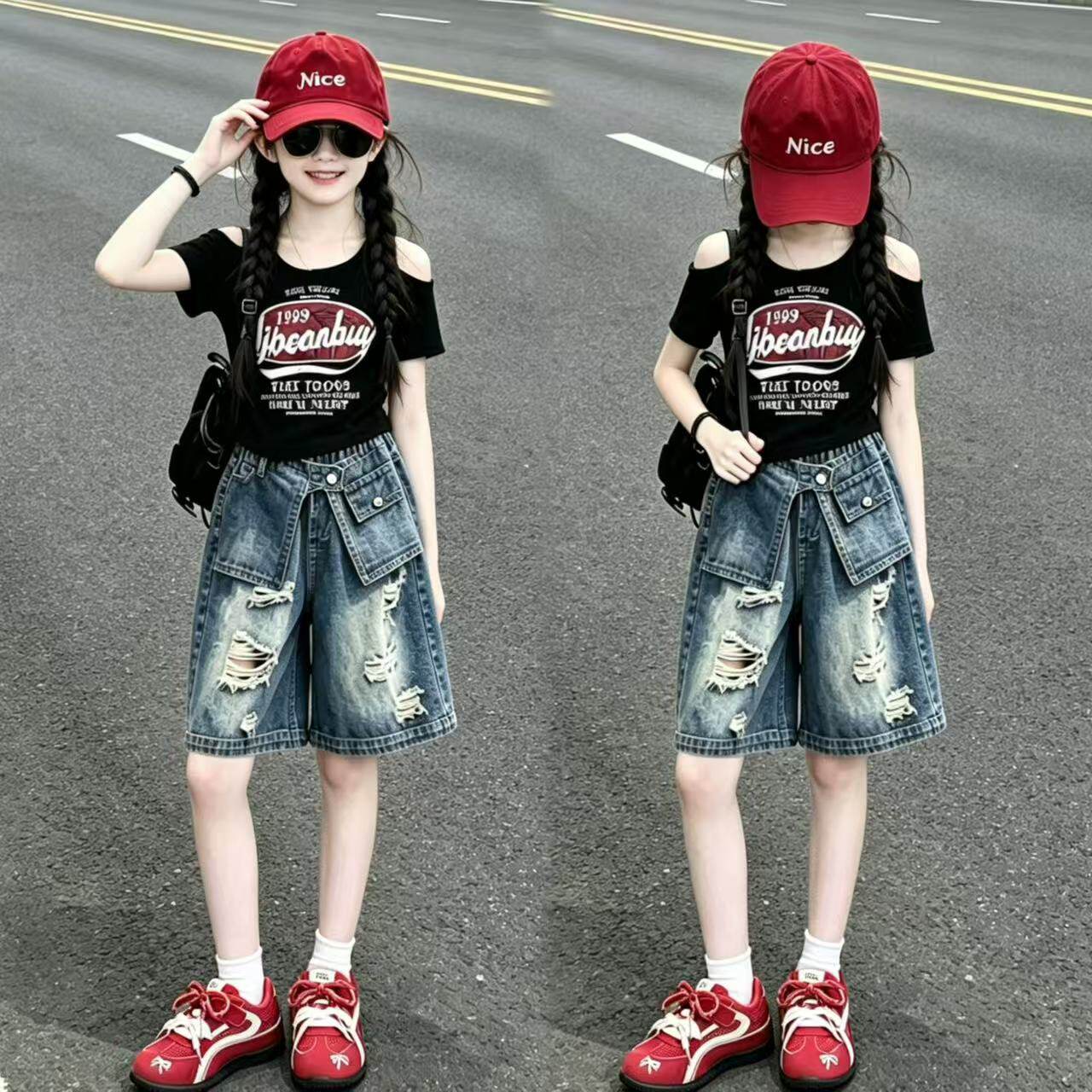 女童辣妹露肩短袖假两件中裤套装