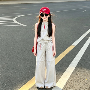 女童挂脖露背马甲工装阔腿裤套装