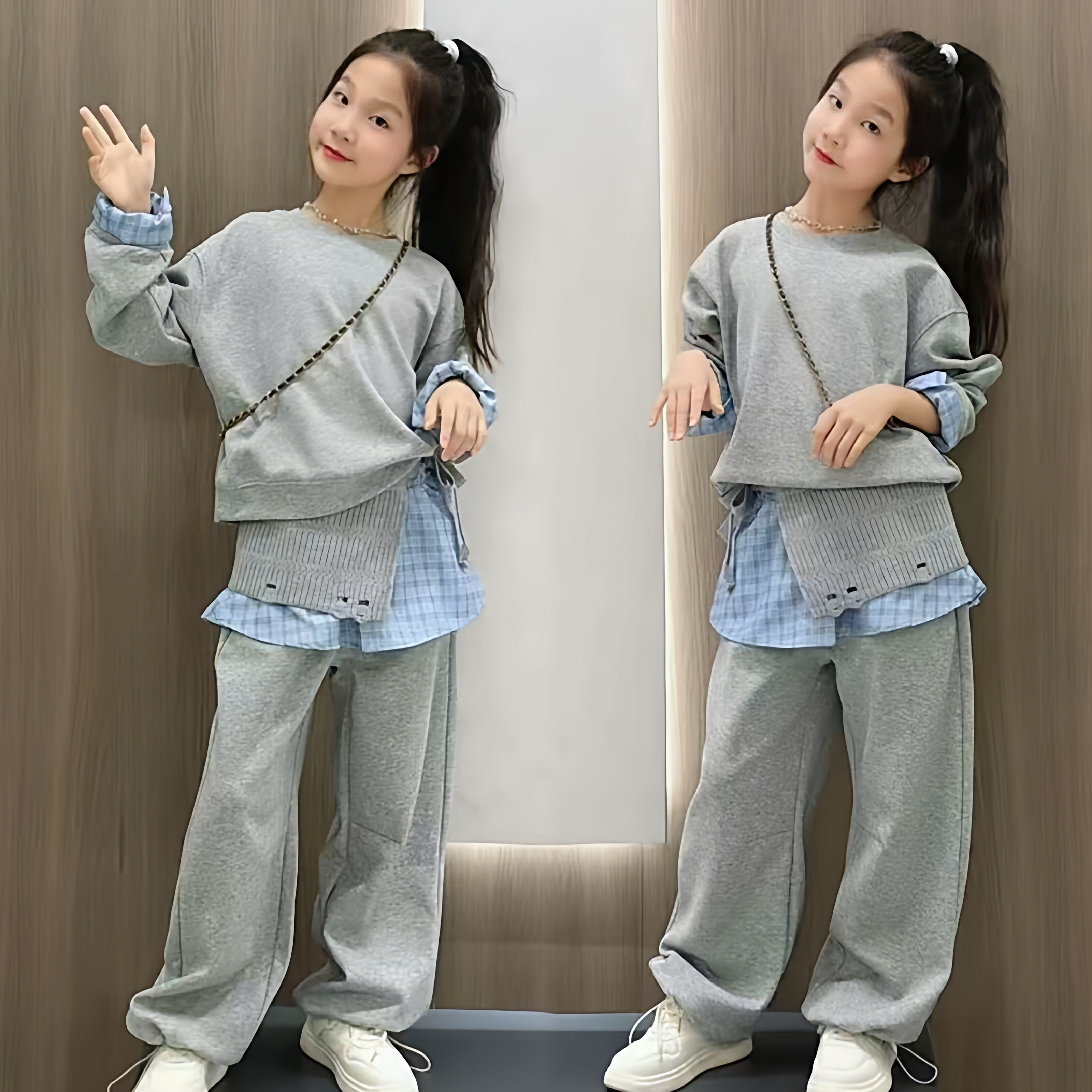 女童假两件卫衣屁帘休闲裤套装