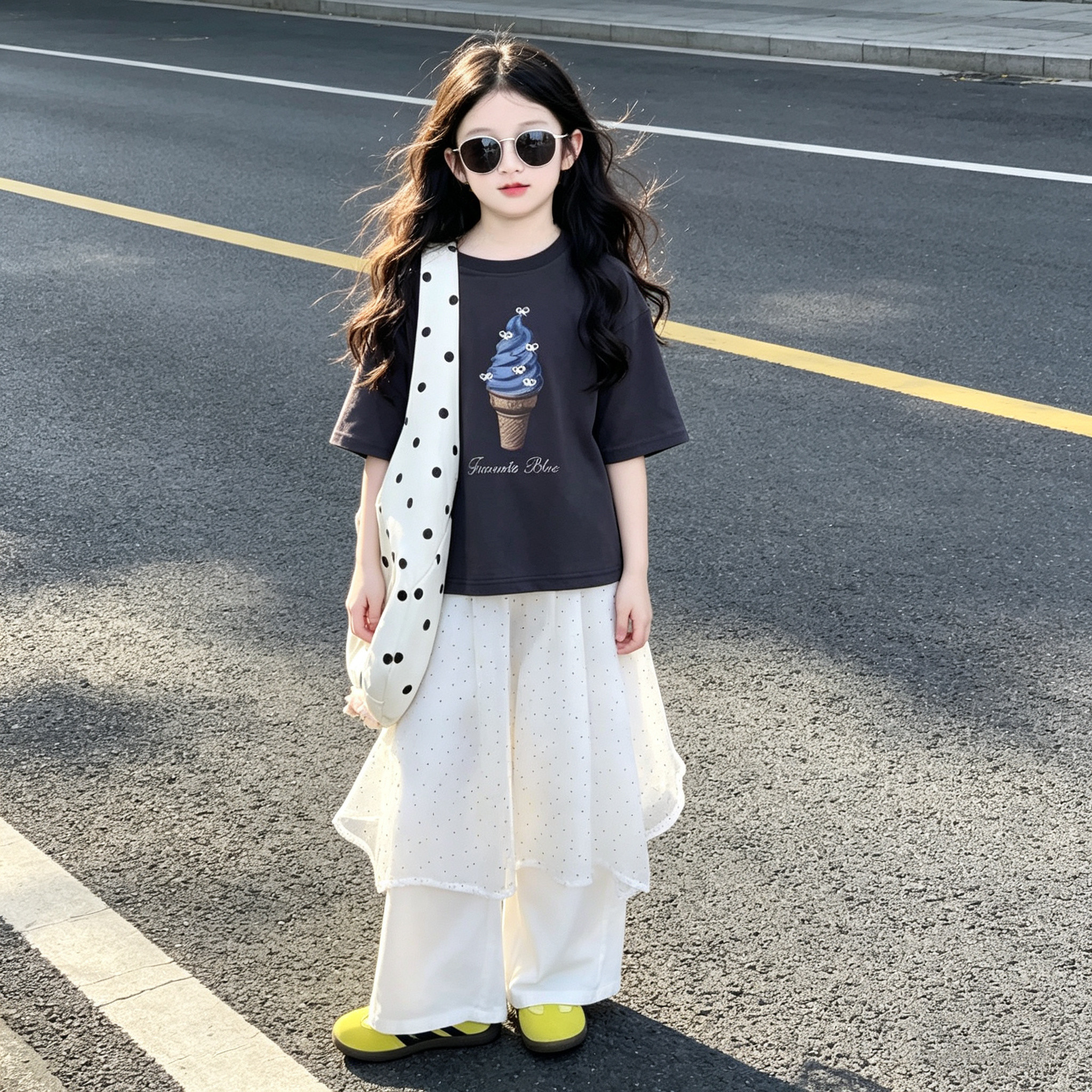 女童印花宽松短袖裙裤时髦套装