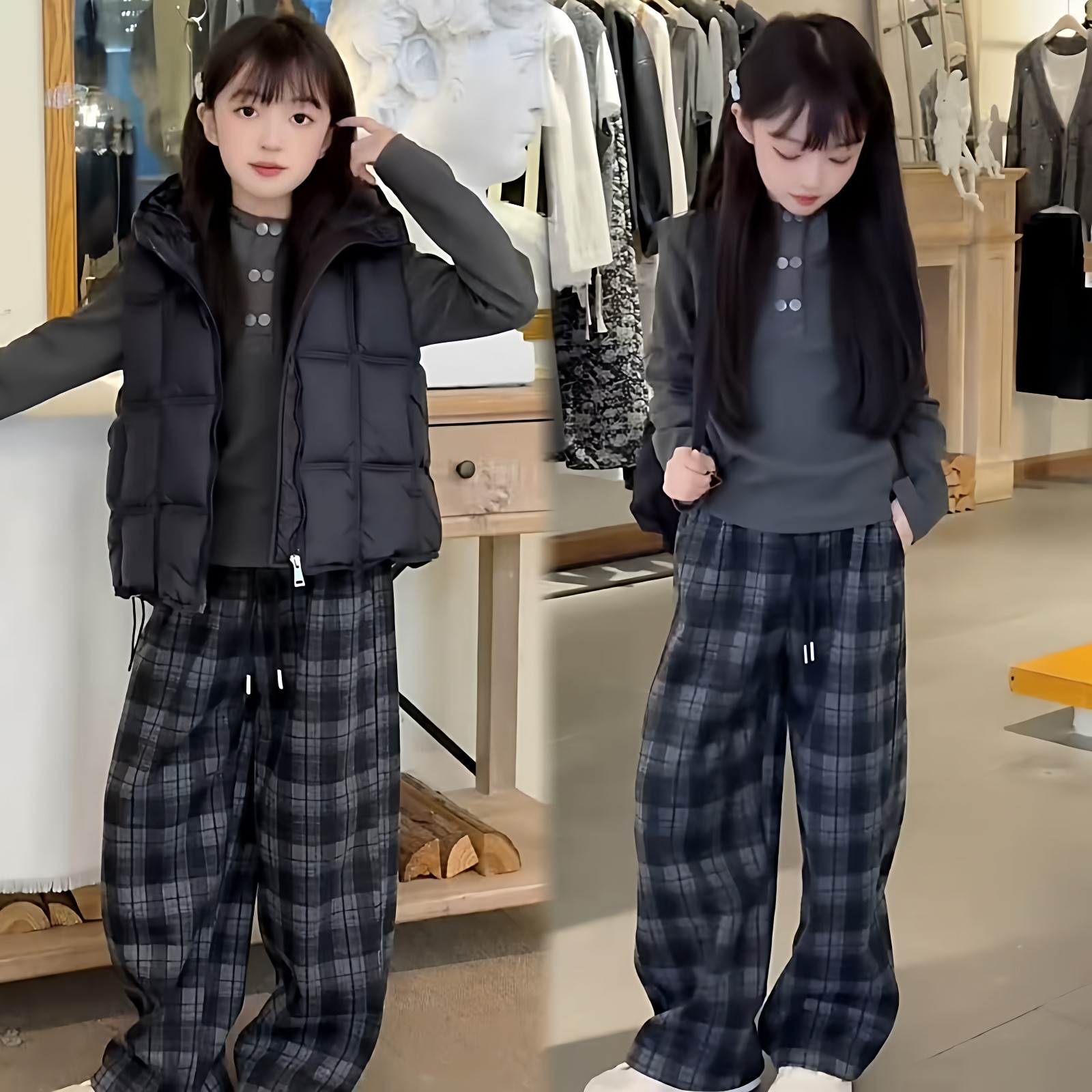 女童冬季超洋气保暖穿搭加厚连帽马甲打底衫格子阔腿裤三件套韩版