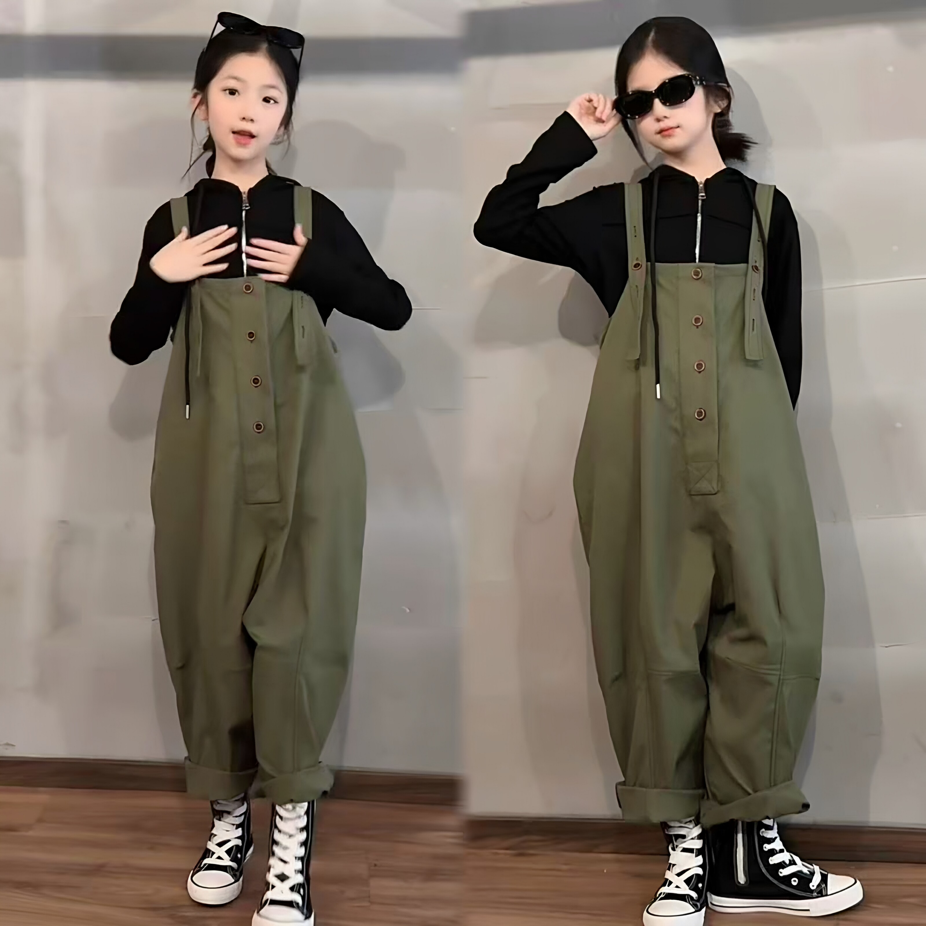 女童潮酷工装背带裤连帽开衫套装