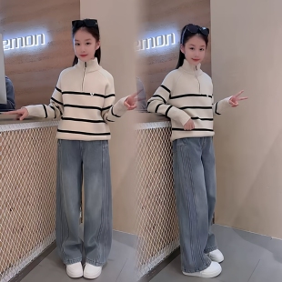 韩系百搭女童加厚半高领拉链条纹毛衣一体绒显瘦牛仔弯刀裤套装潮
