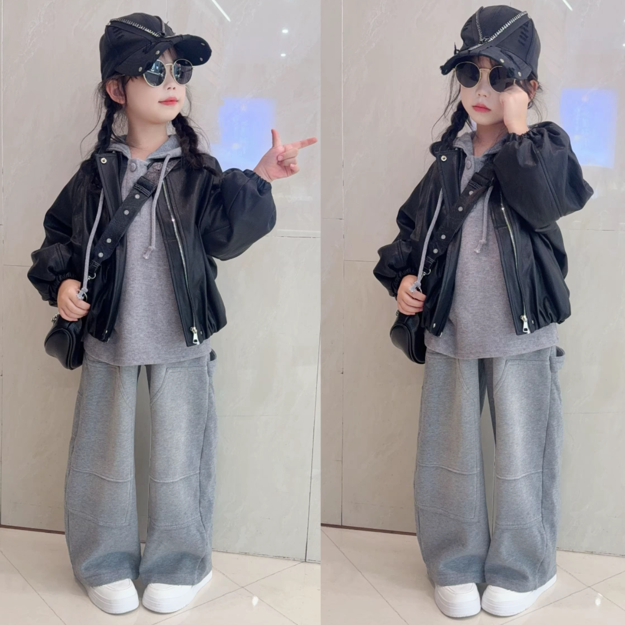 女童皮衣连帽卫衣卫裤三件套